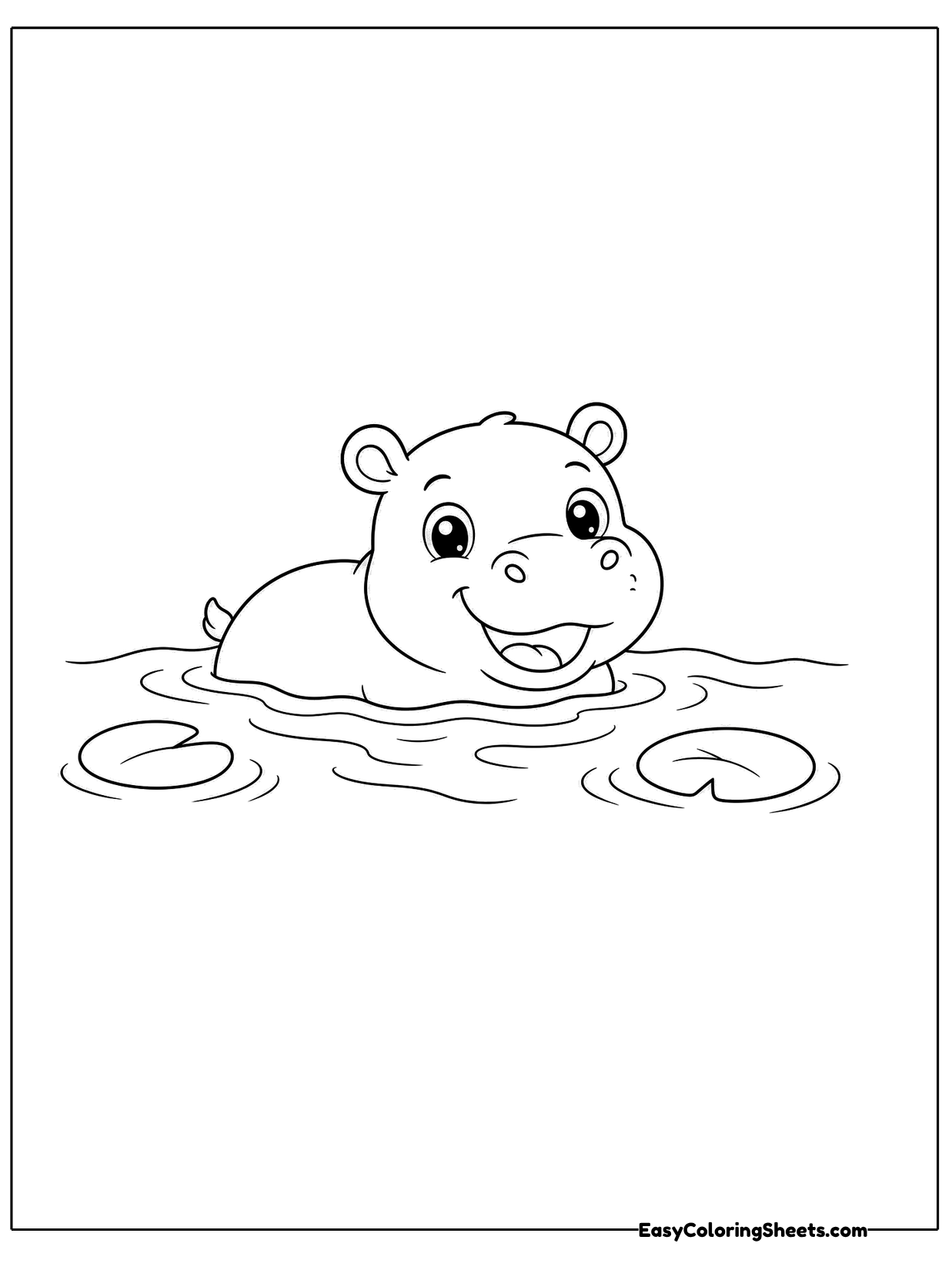 Only its head and back showing, a small hippo floats in water with ripple lines around it.
