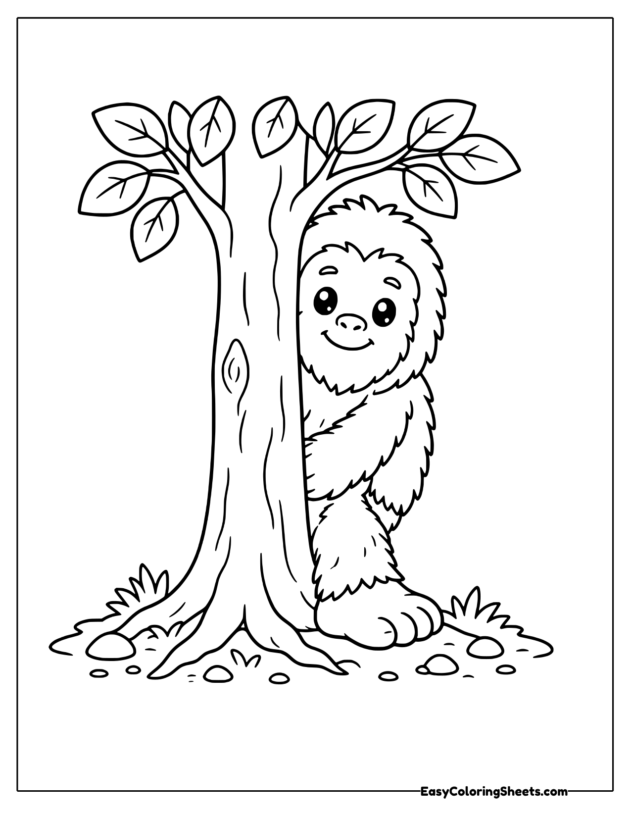 Bigfoot peeking from behind a tall tree