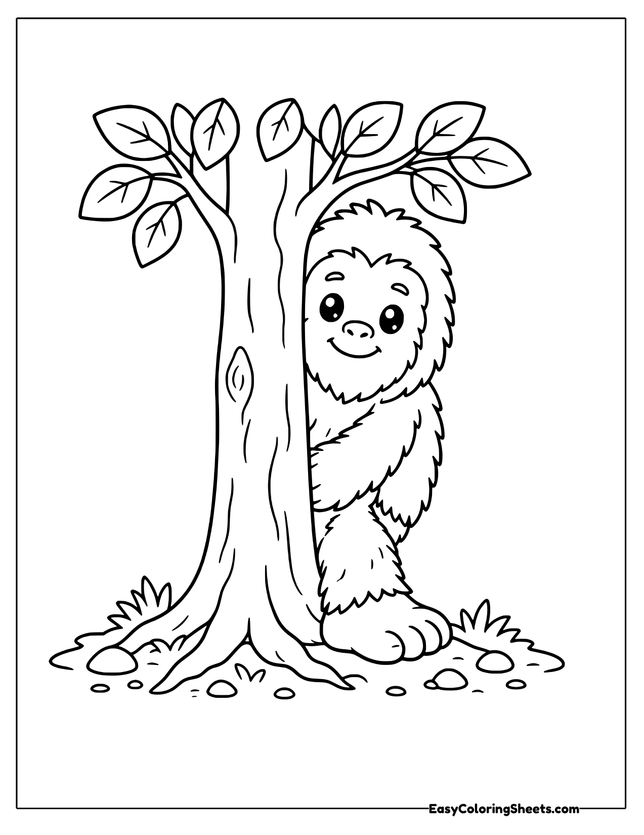 Bigfoot peeking from behind a tall tree