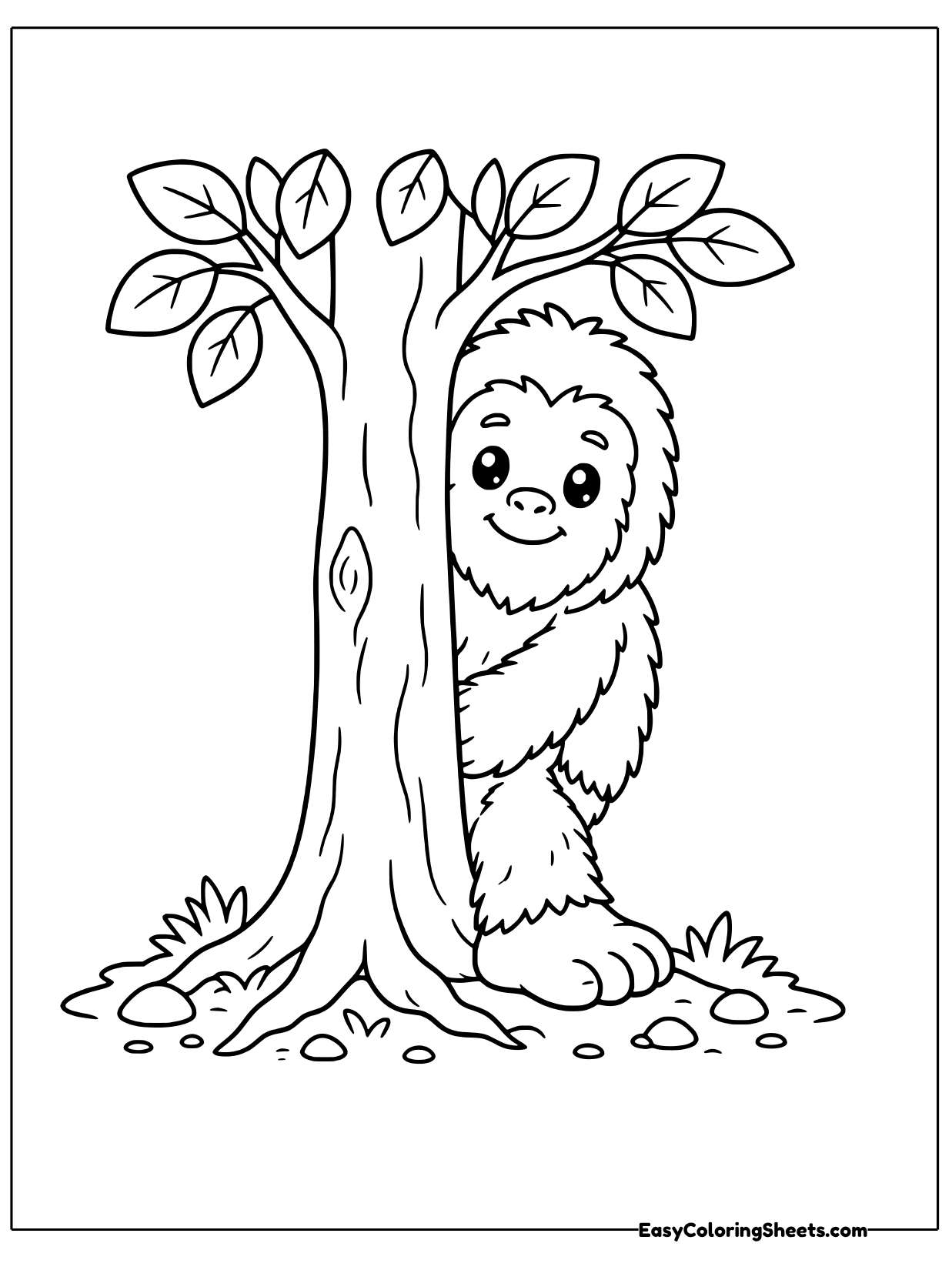 A Bigfoot peeks out from behind a tall tree with leafy branches.