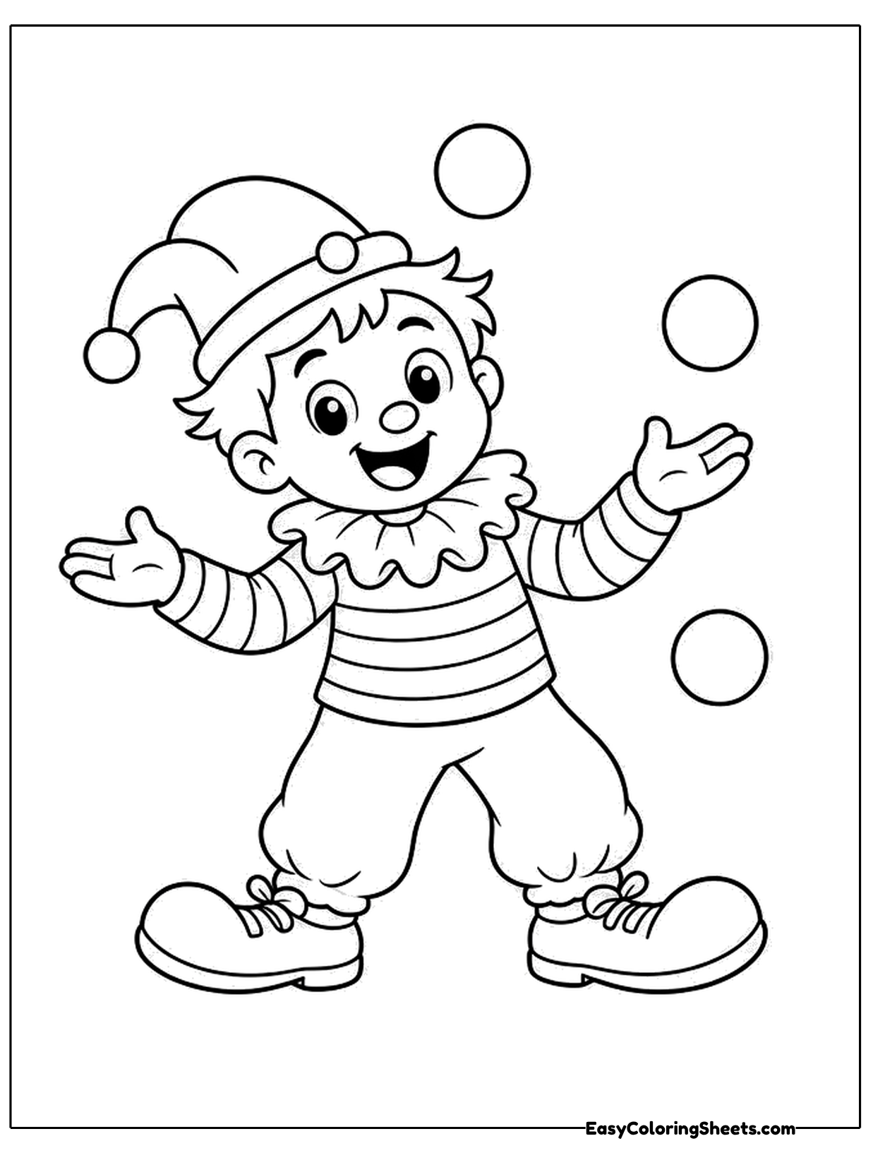 A smiling circus clown in a striped shirt and baggy pants juggles four balls in the air.