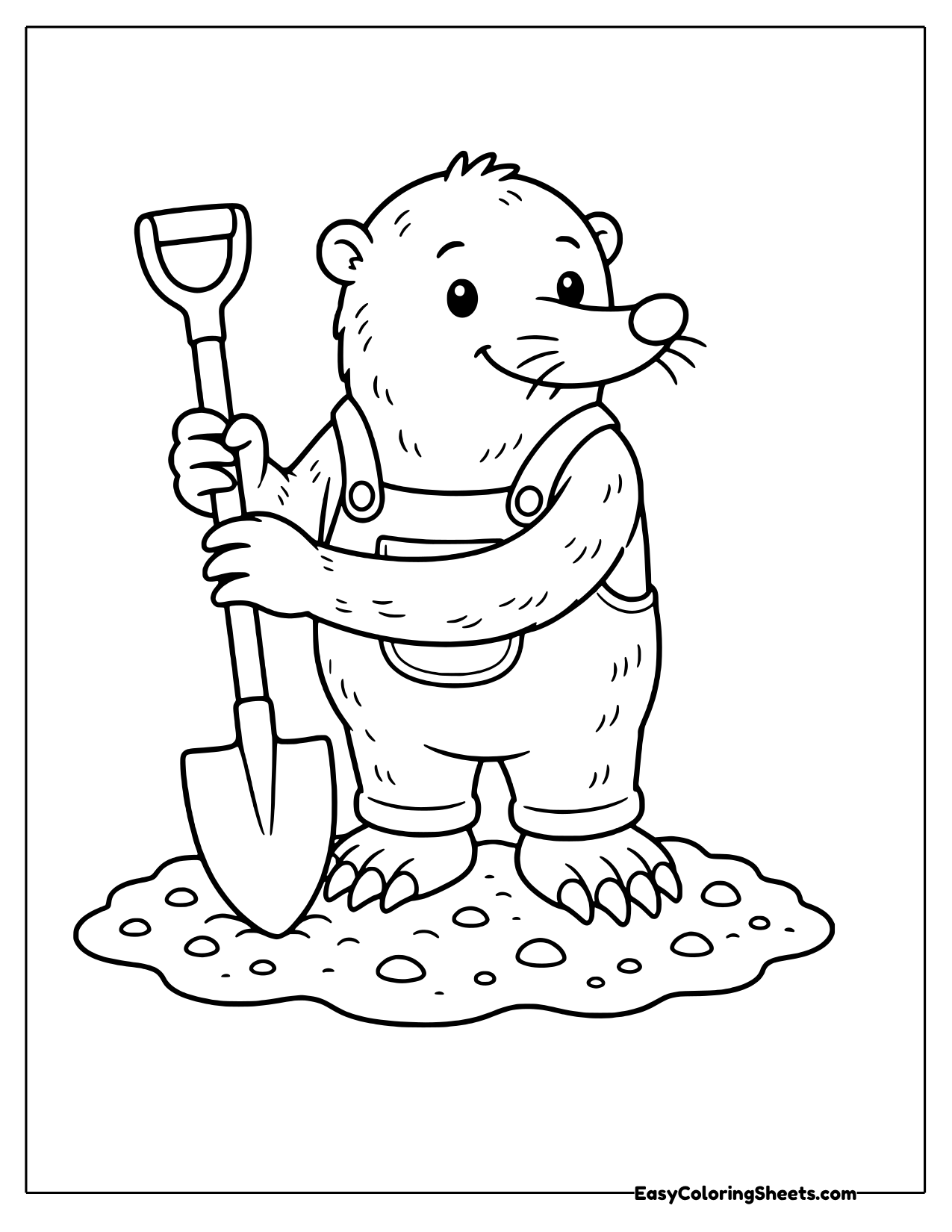 Mole in overalls holding a shovel