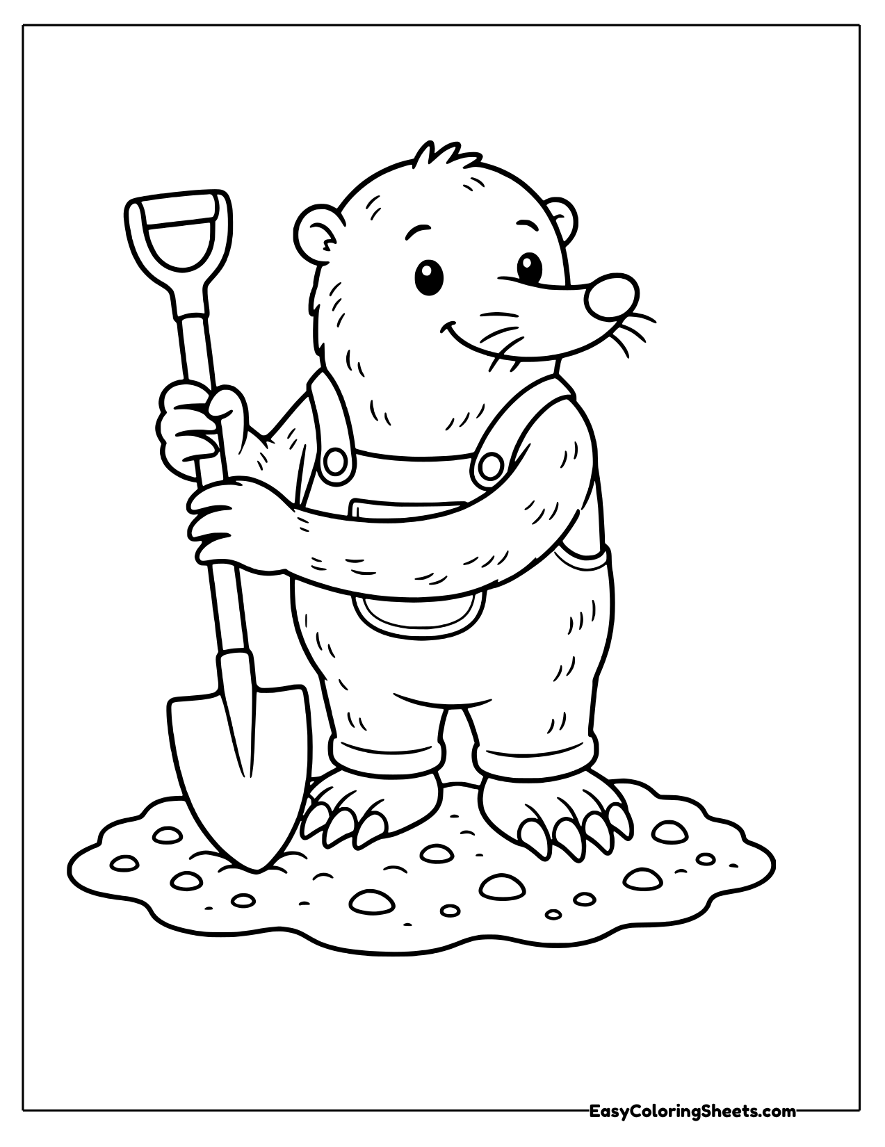 Mole in overalls holding a shovel