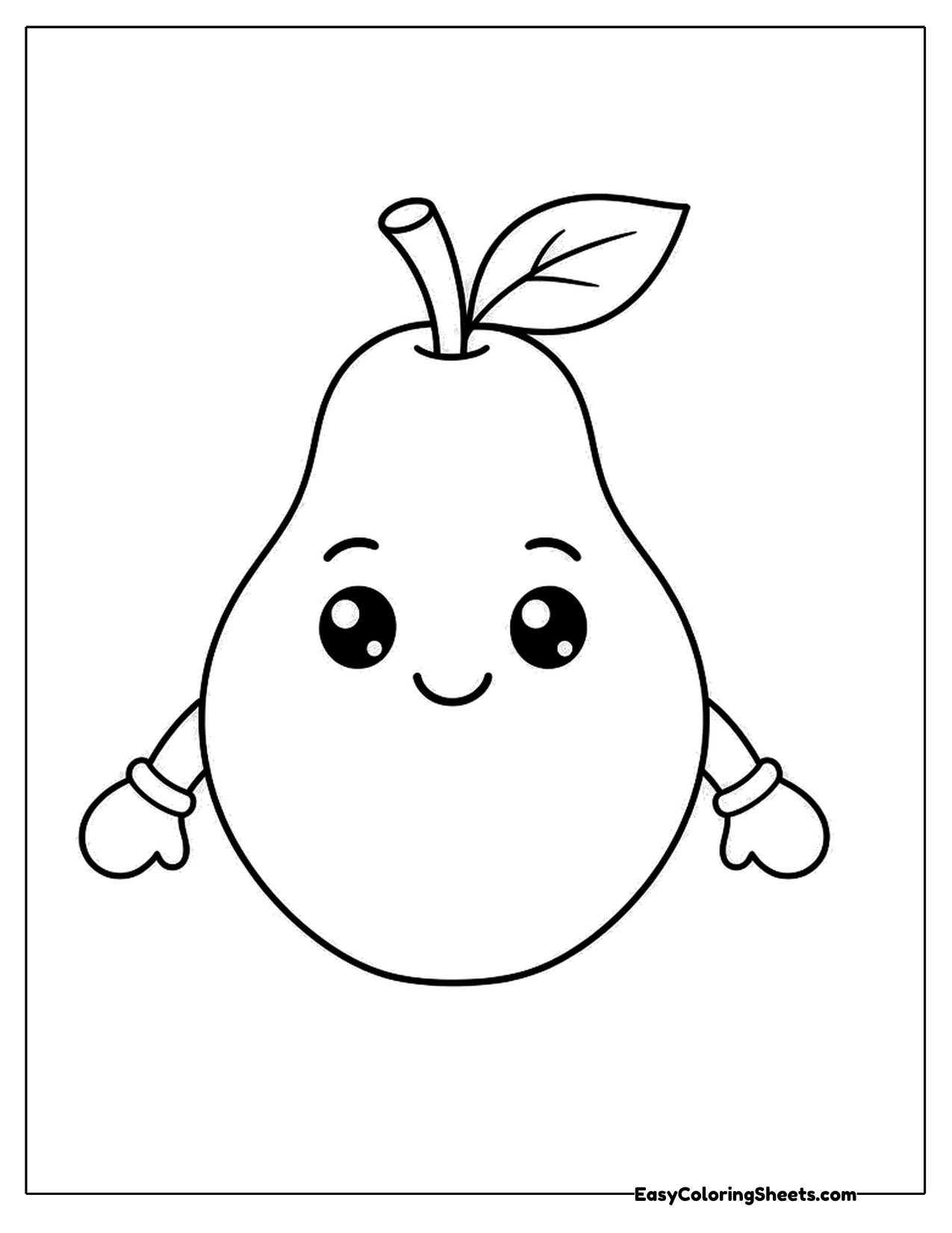 Smiling pear character with mittens