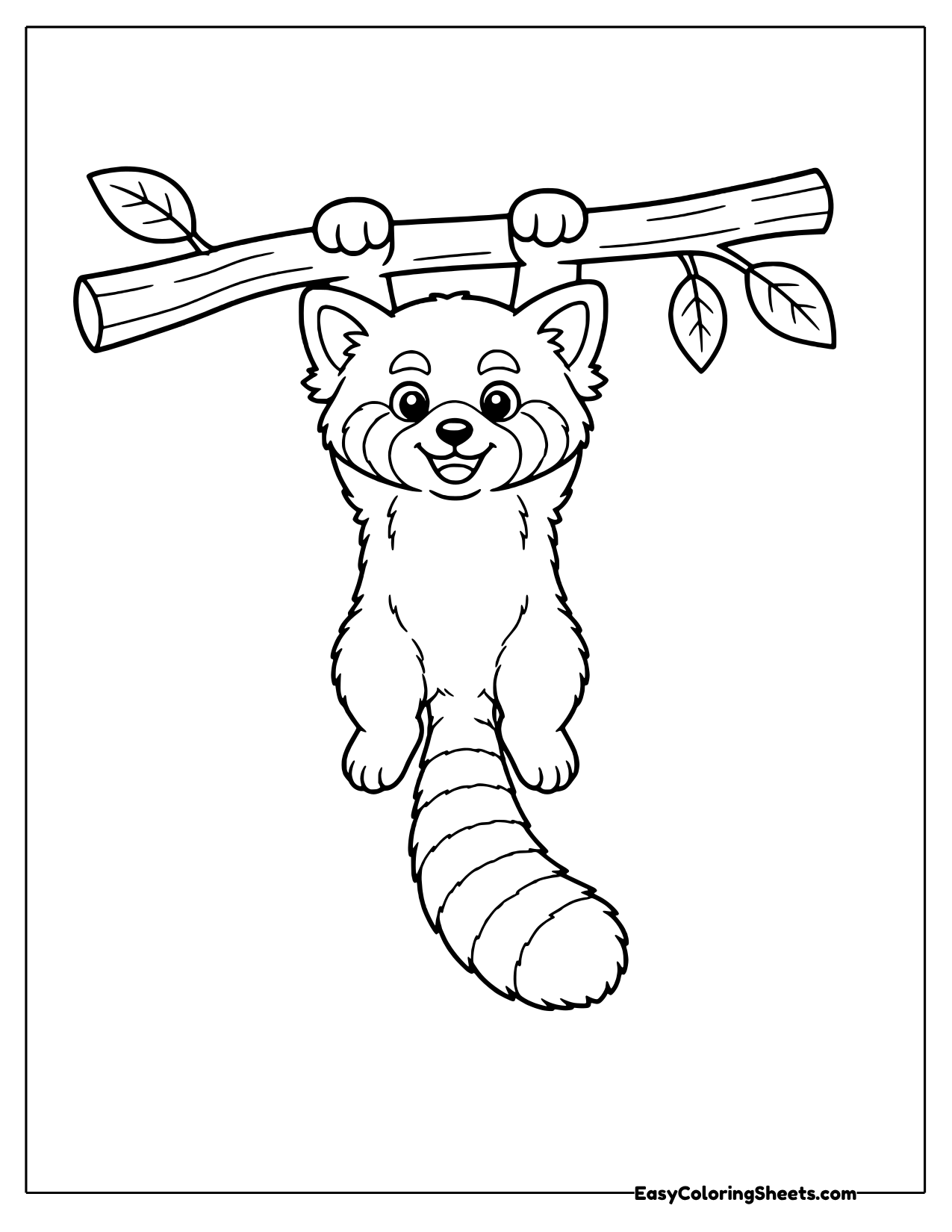 Red panda hanging by its paws from a leafy branch