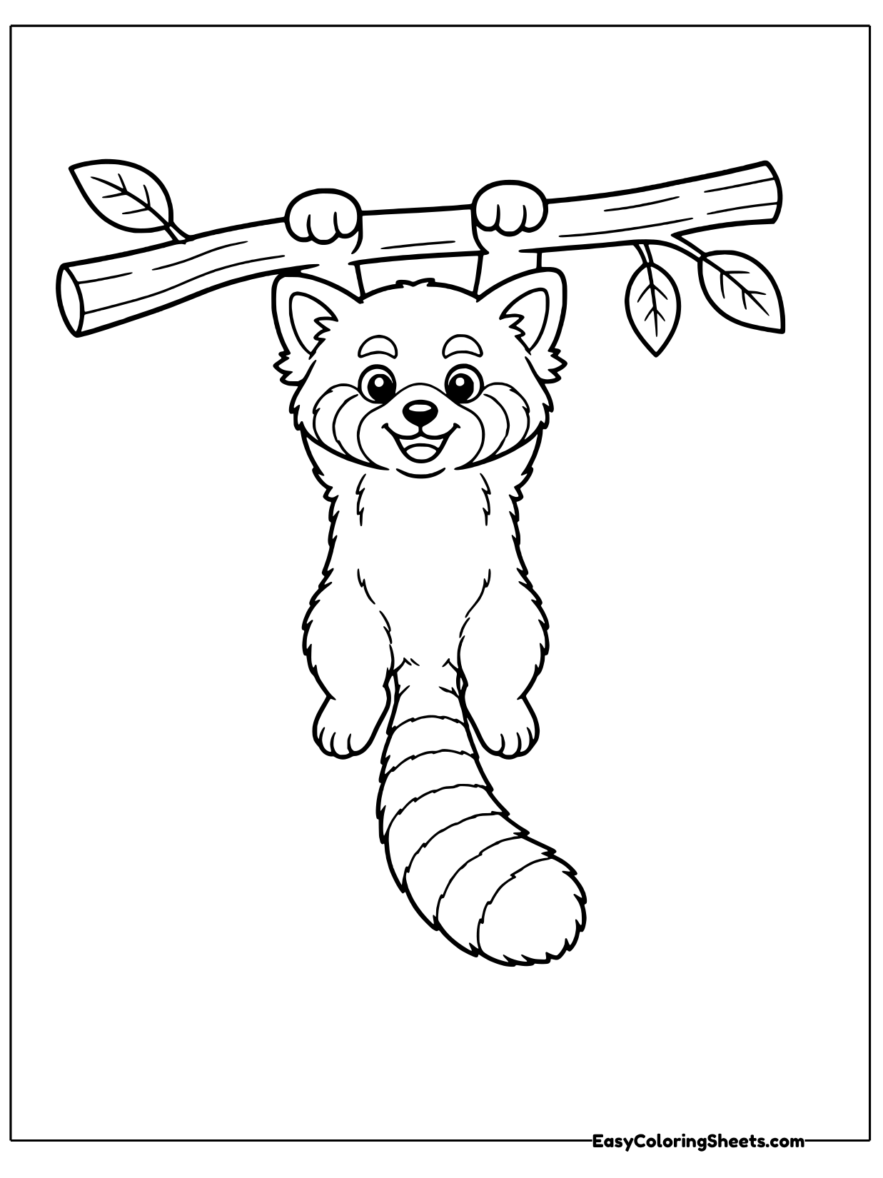 A playful red panda hangs from a leafy branch by its front paws, letting its body and fluffy ringed tail dangle below.