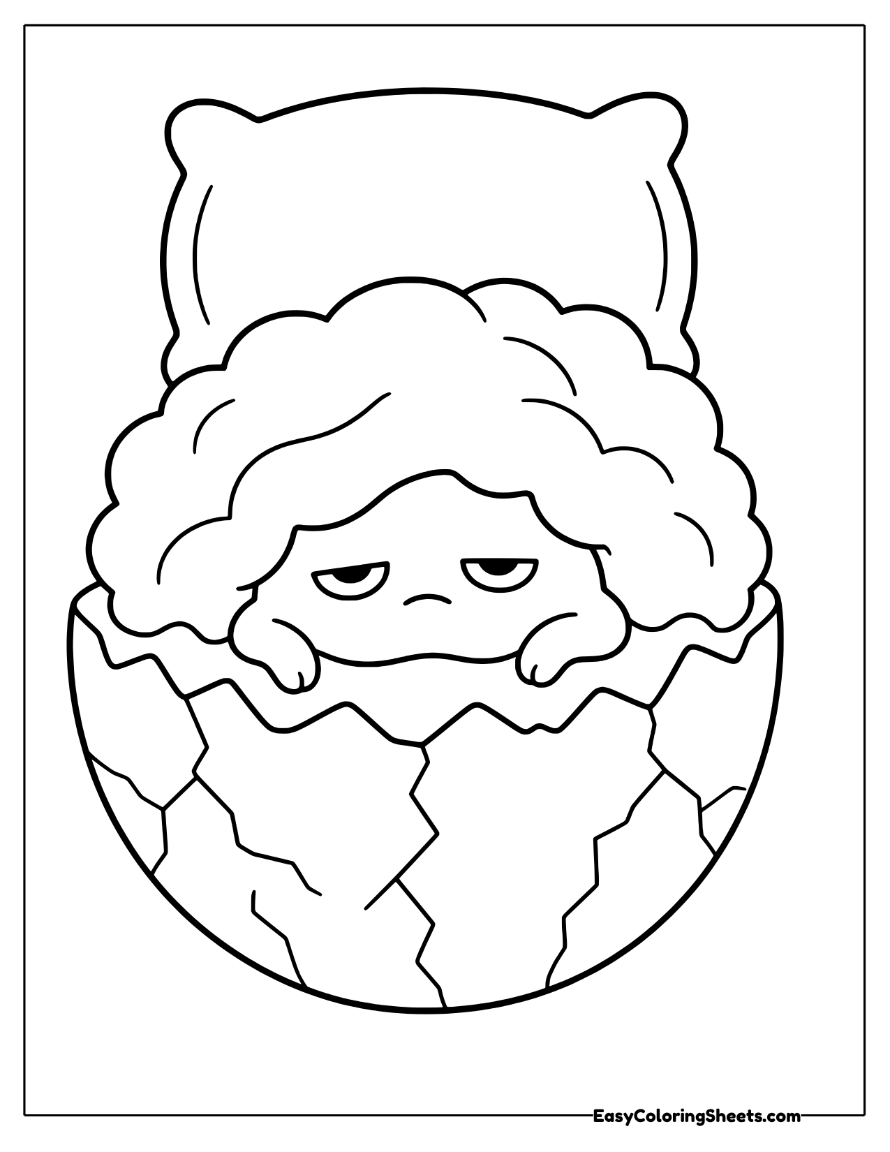 Gudetama peeking out from a fluffy blanket inside a cracked eggshell bed with a pillow