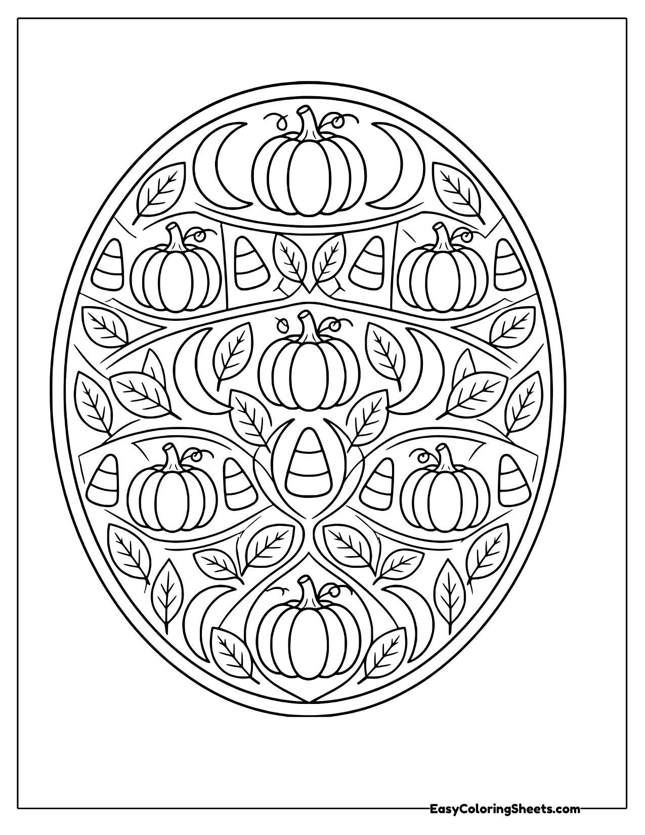 Oval mandala with rings of pumpkins and leaves