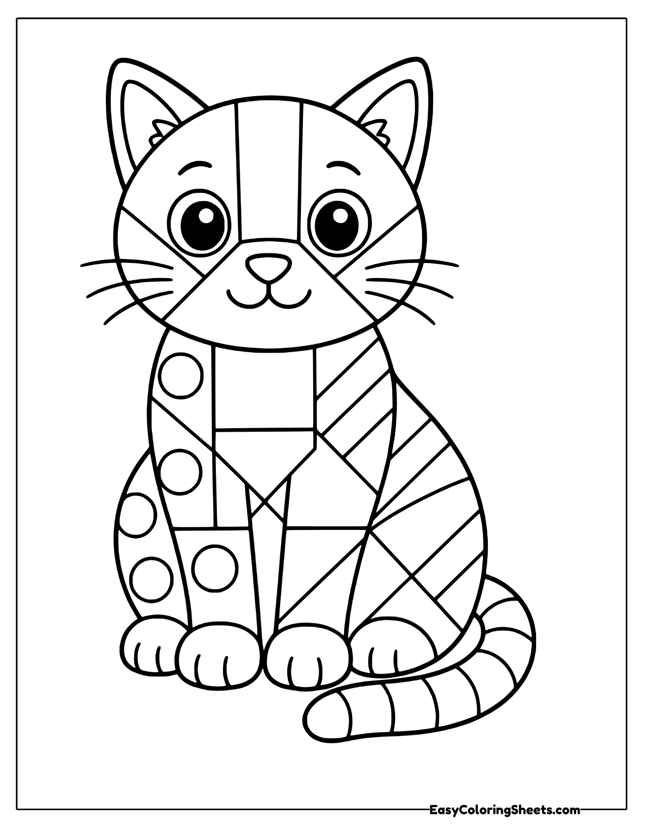 Sitting cat made of patchwork triangles, squares, diamonds and circles