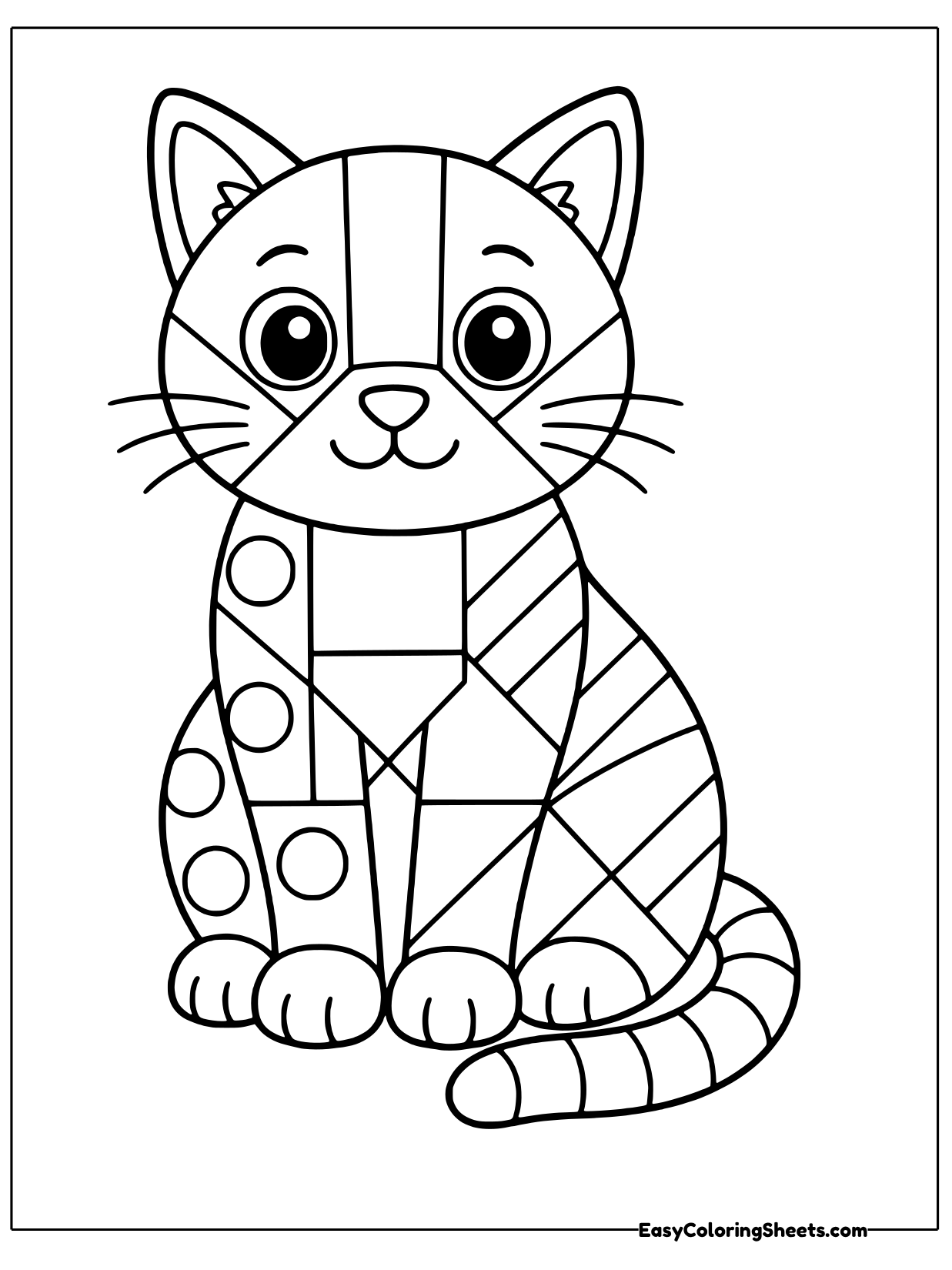 A sitting cat is pieced together like a patchwork quilt from big geometric shapes, including triangles, squares, diamonds.
