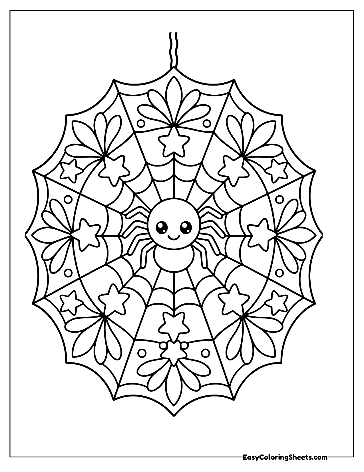 Round spiderweb mandala with flowers and stars and a cute spider in the center