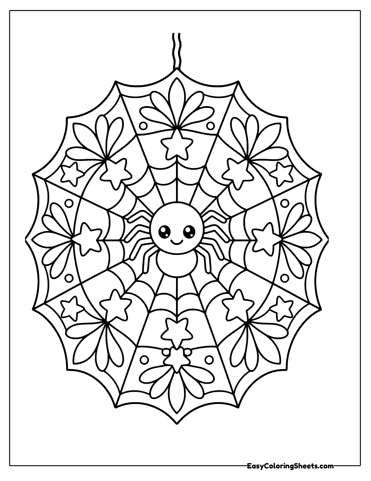Round spiderweb mandala with flowers and stars and a cute spider in the center