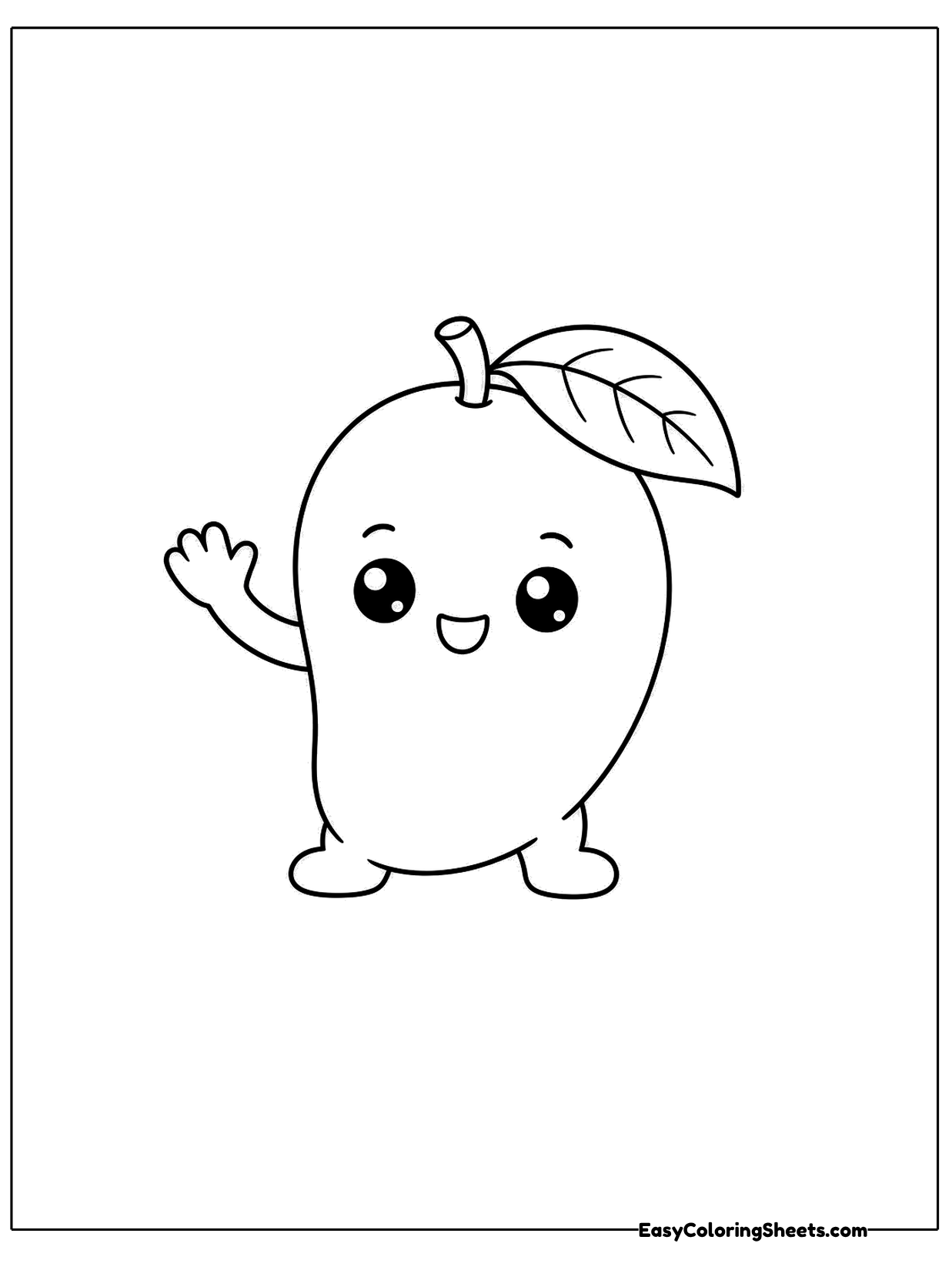 A friendly mango character waves one arm with a wide open smile and a leaf on top.