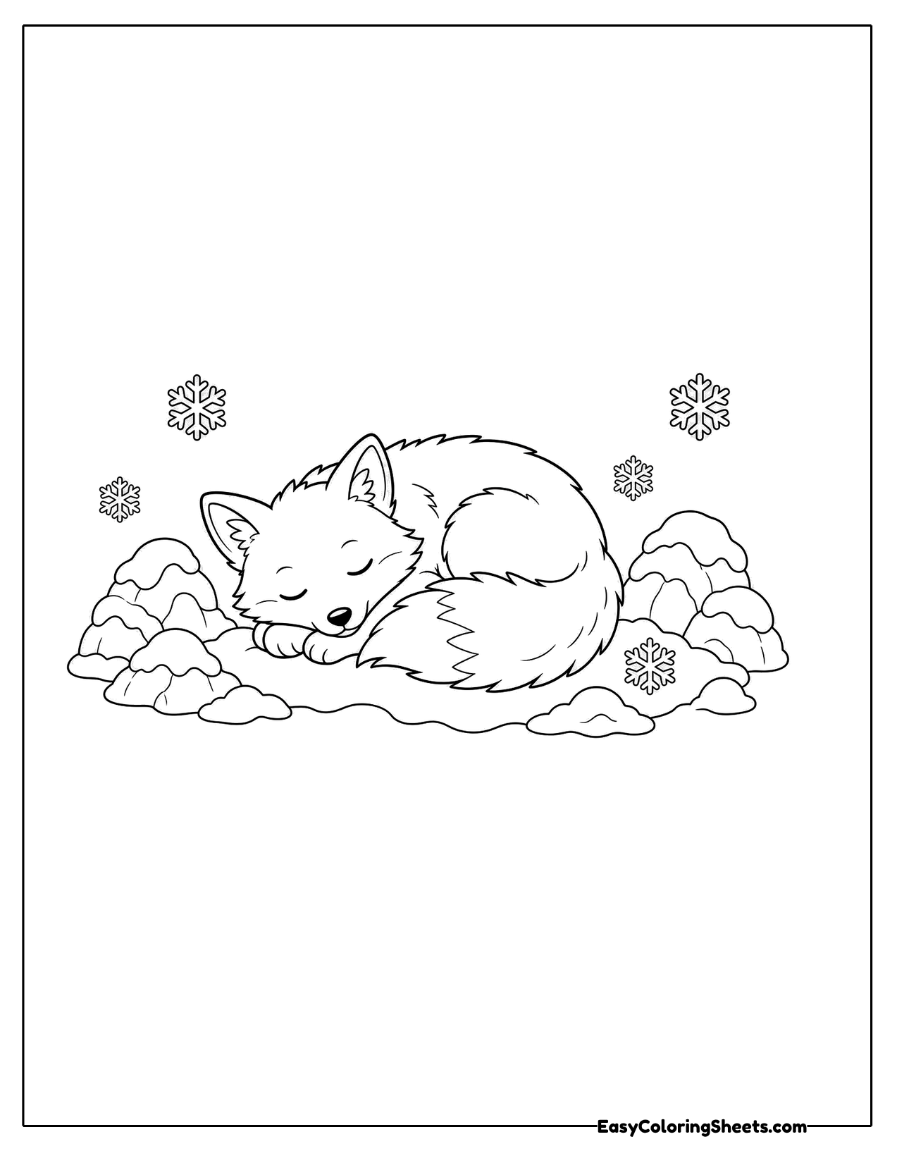 Arctic fox curled up asleep in the snow
