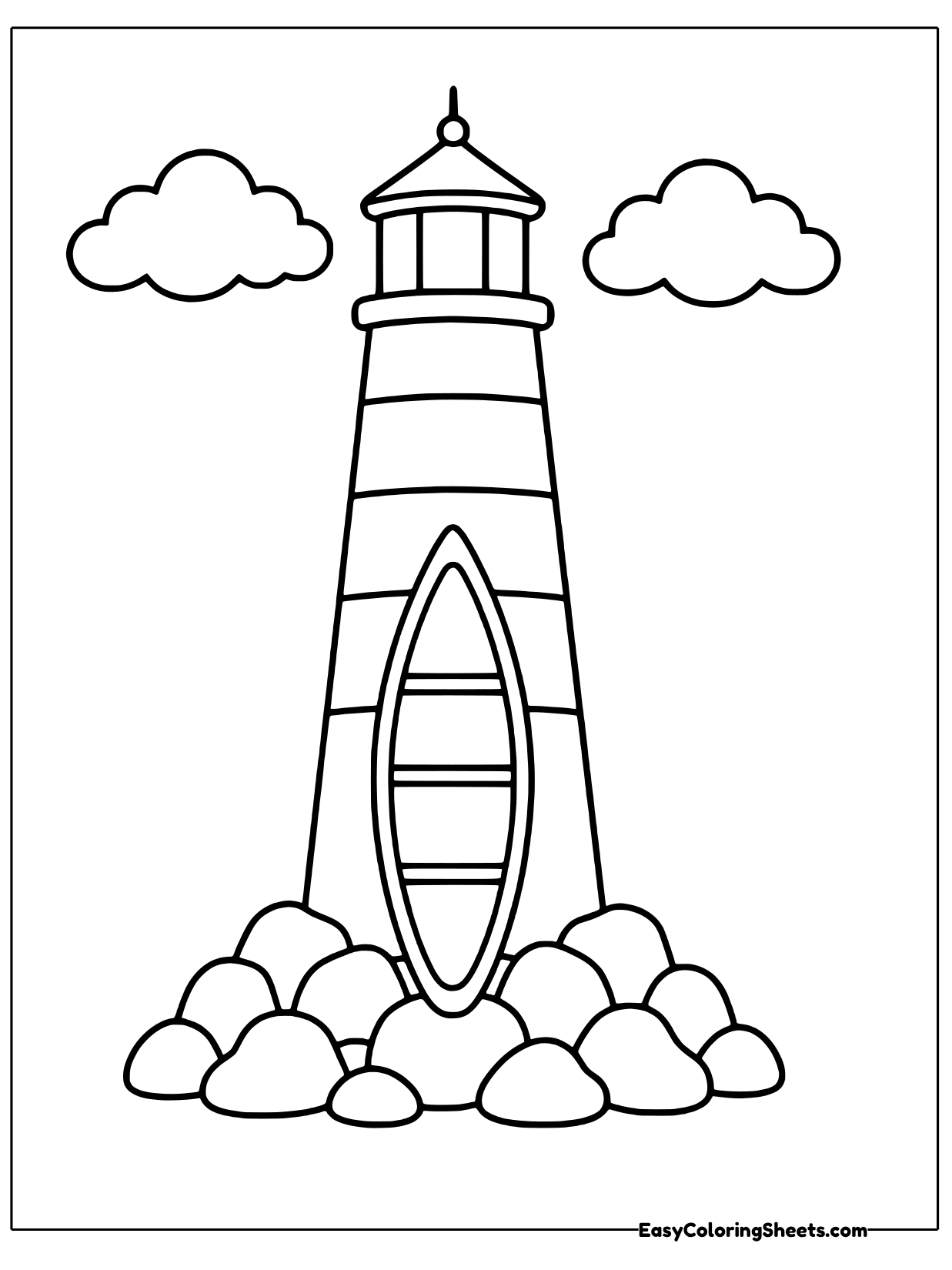 A canoe leans against a striped lighthouse that stands on a pile of rounded rocks, with clouds in the sky.