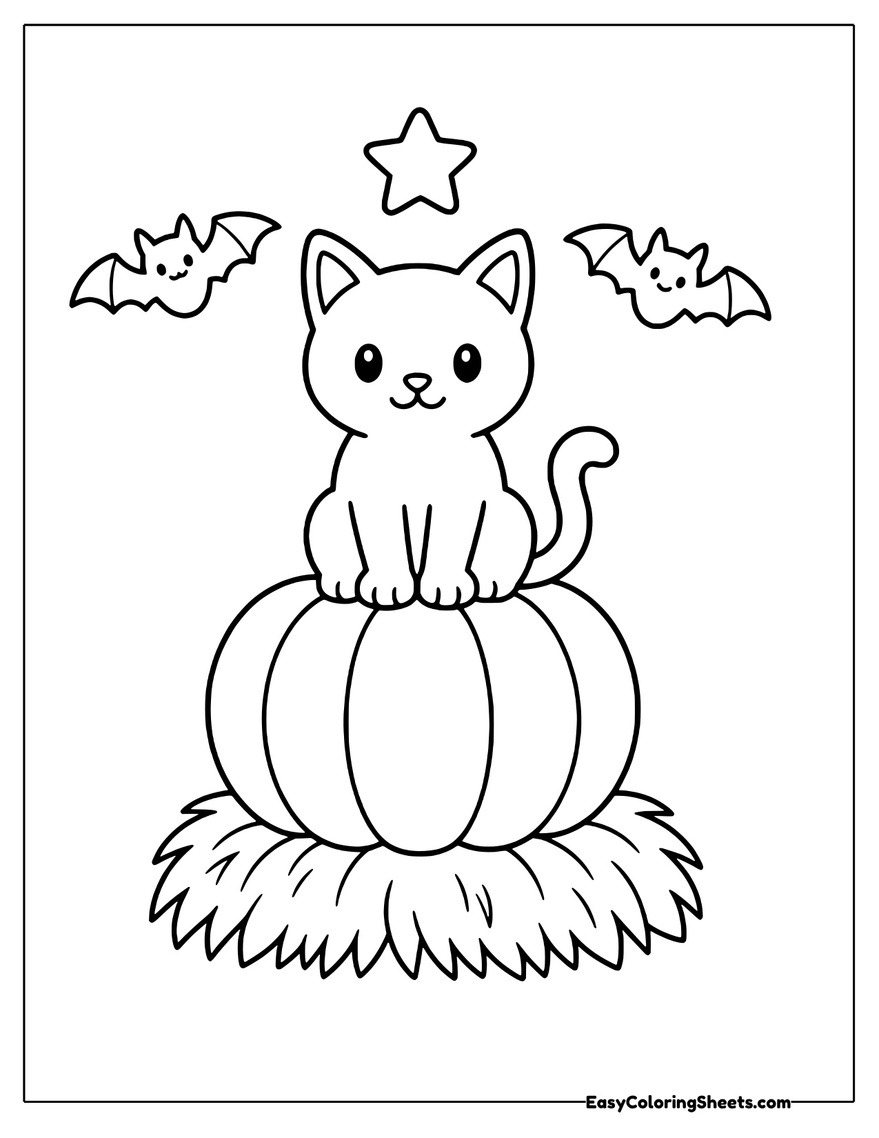 Cat sitting on top of a large pumpkin on a hay base with two bats and a star