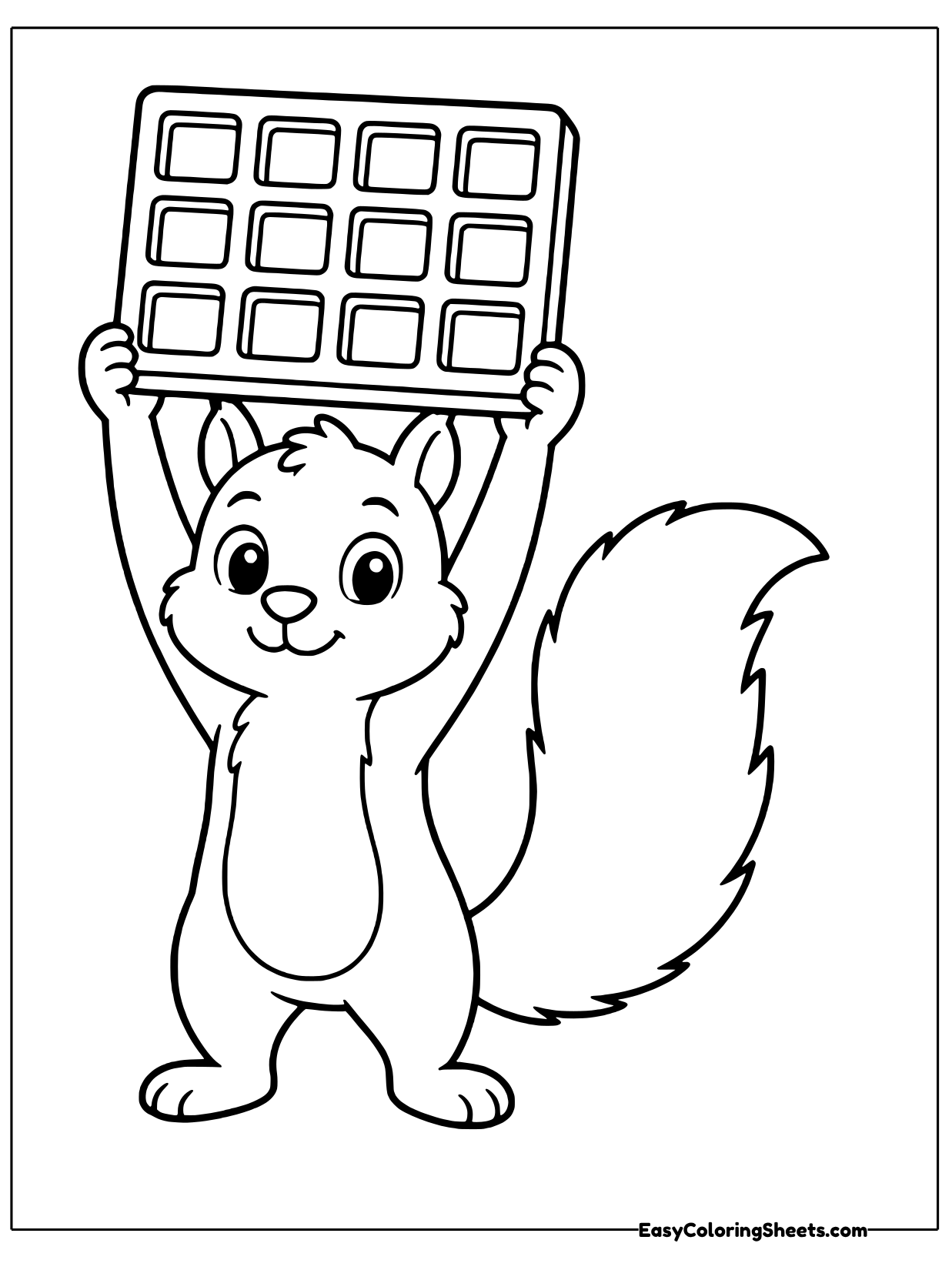A proud squirrel lifts a thick square waffle high above its head, as if showing off the best breakfast in the forest.