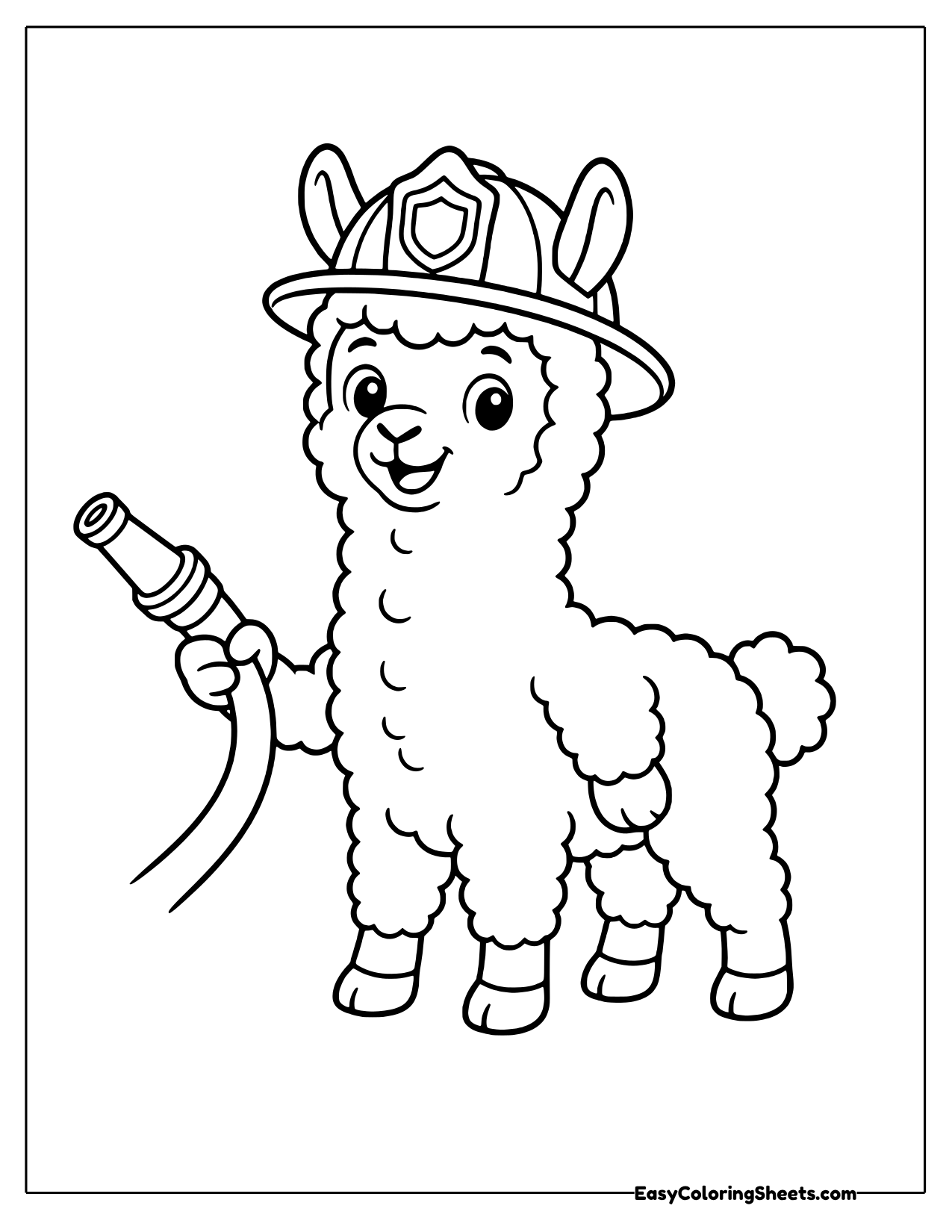 Alpaca firefighter in a helmet holding a fire hose