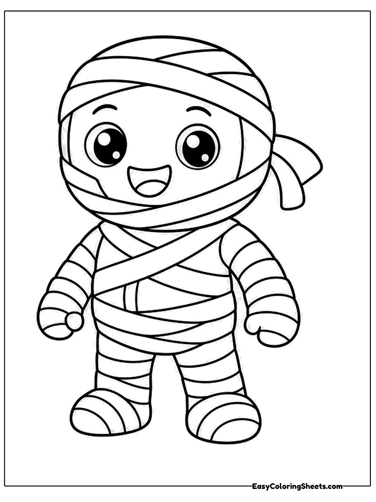 A cute mummy stands with arms at its sides and a loose bandage end trailing from its head.