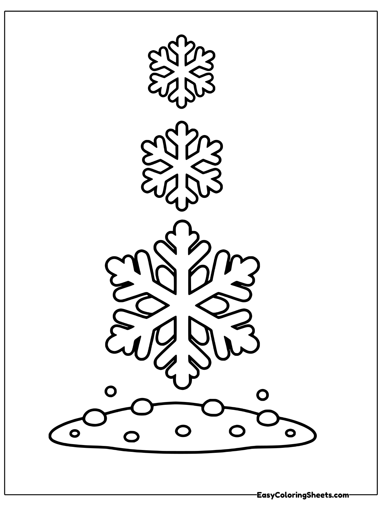 Three snowflakes of growing sizes stack upward from a snowy mound, smallest at the top.