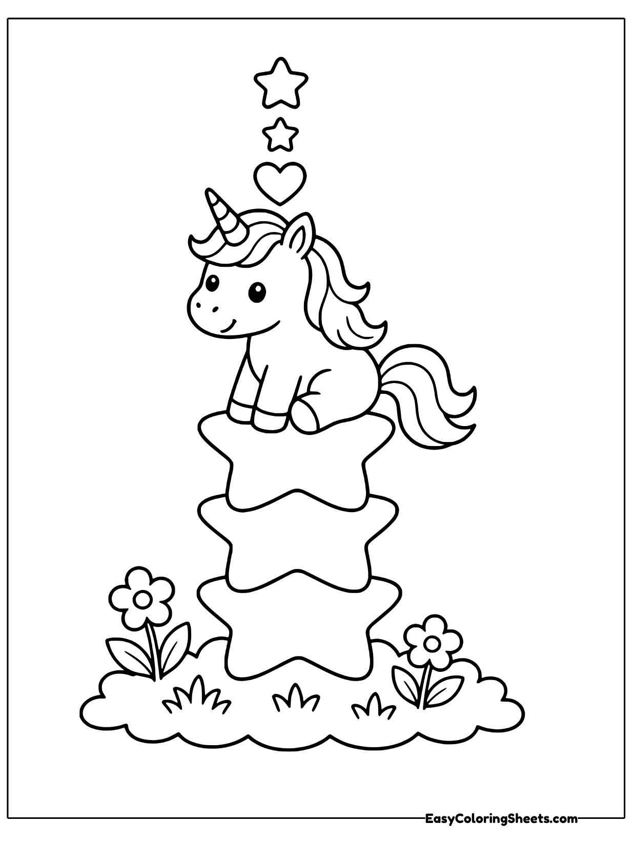 A small unicorn stands atop a tall tower of stacked stars, with a column of hearts rising above its horn.