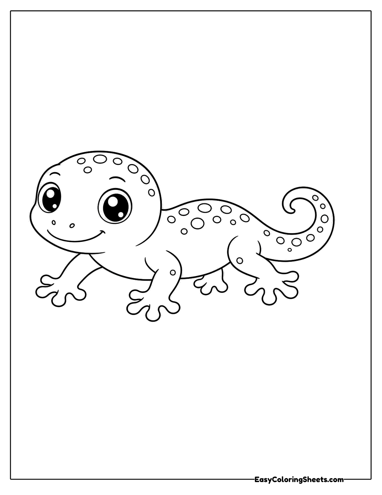Spotted cartoon baby gecko with big eyes and a curled tail