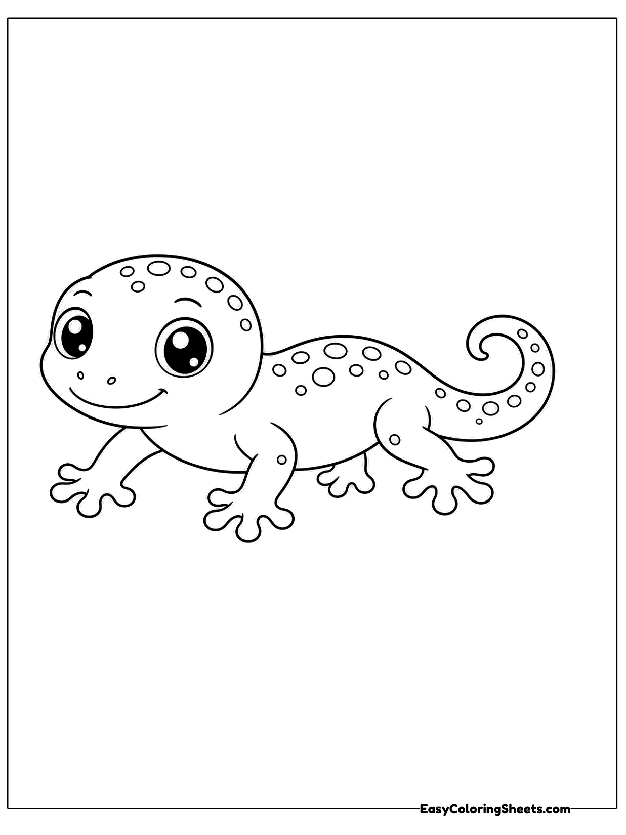 A tiny cartoon gecko with big shiny eyes, a smile and spots across its back crawls forward with its tail curled into a swirl.