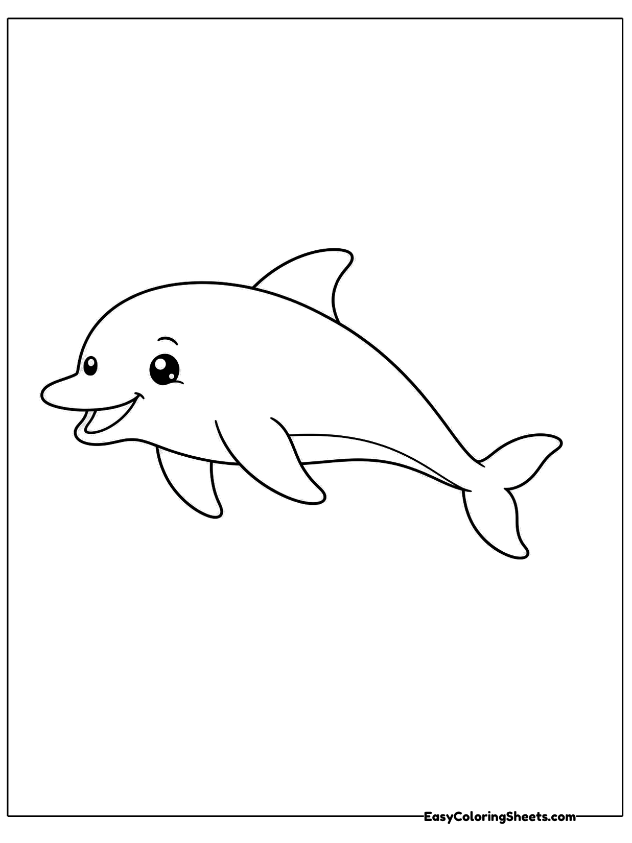 A cute dolphin swims sideways with its dorsal fin up and its tail stretched behind.