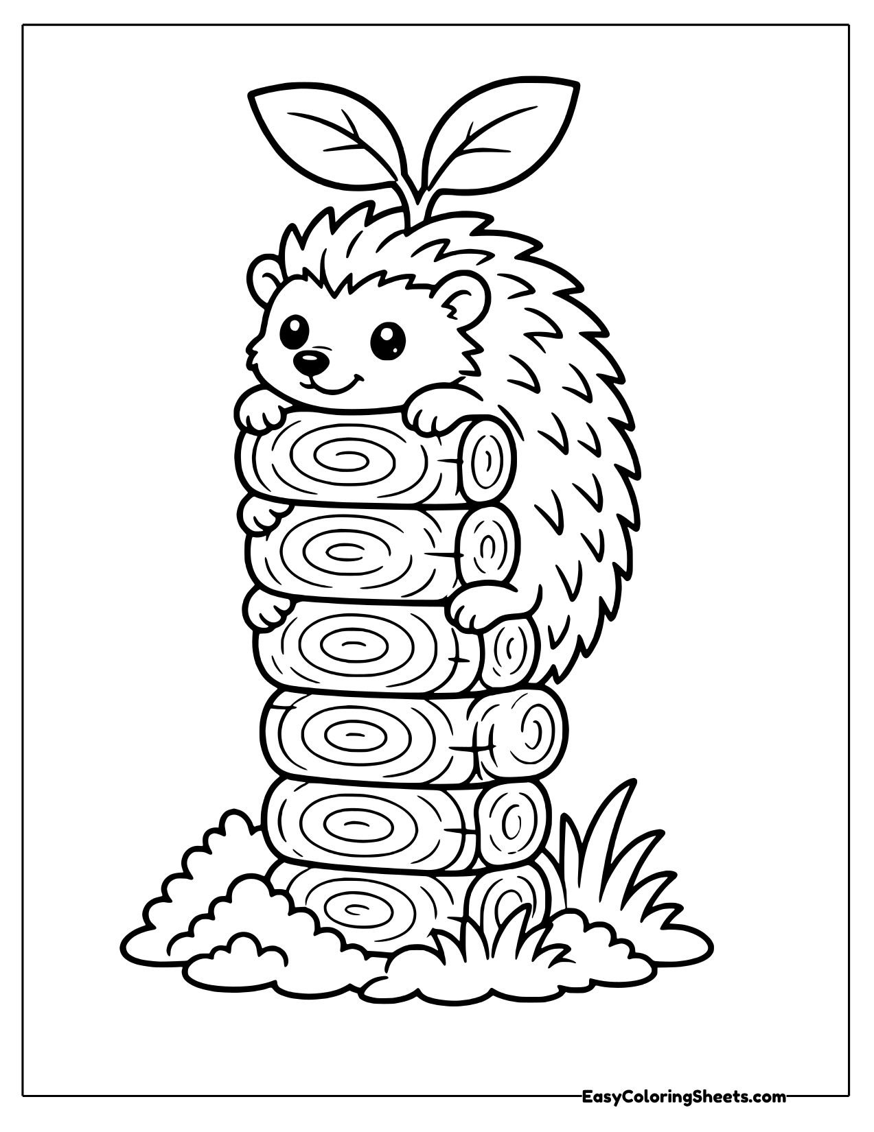 Hedgehog perched on top of a stacked log tower