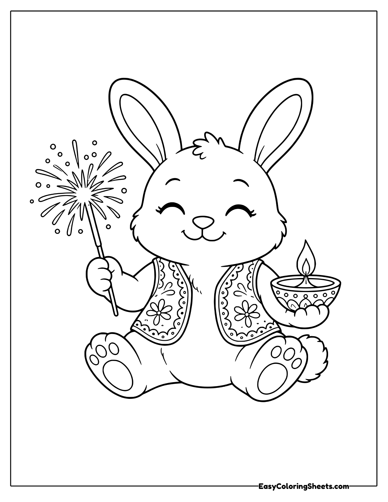 Bunny with a sparkler and a diya lamp