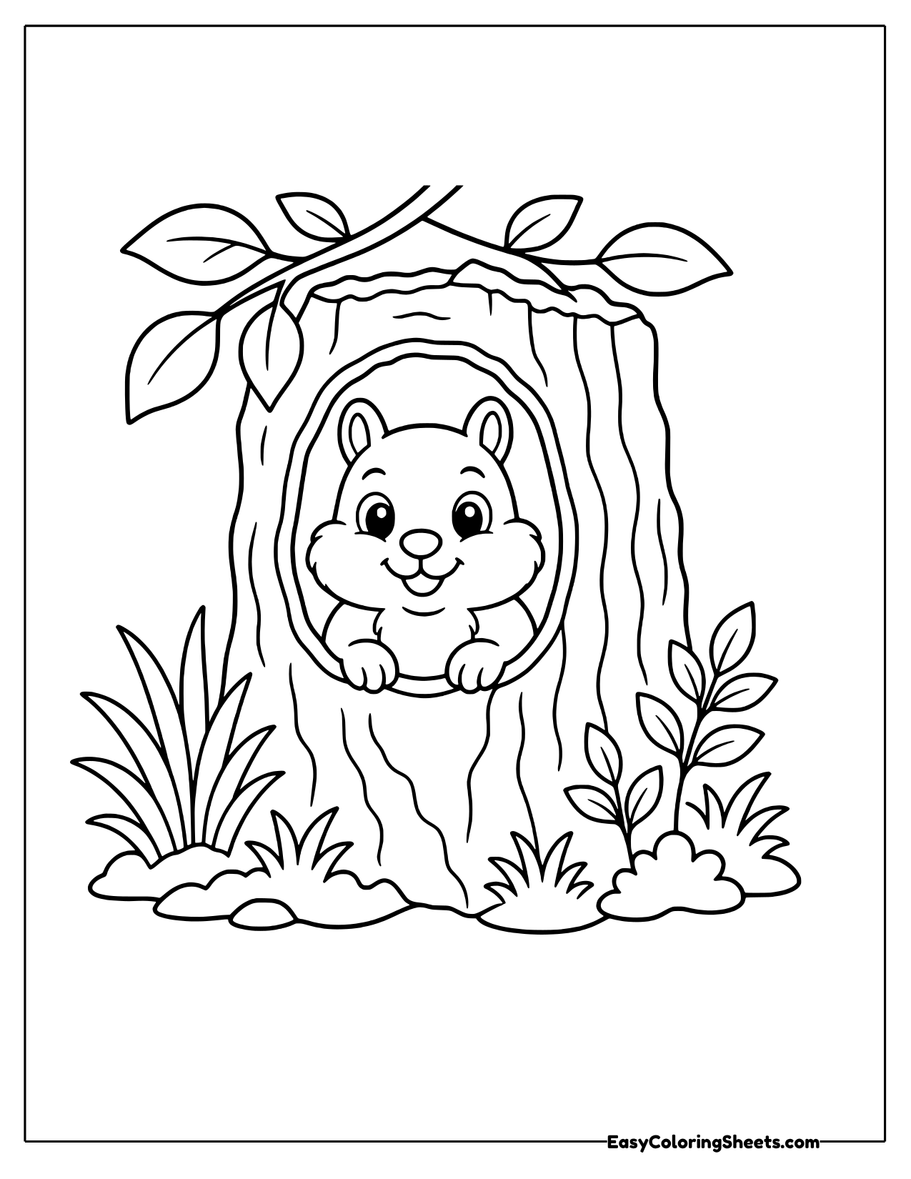 Chipmunk peeking from a hollow log