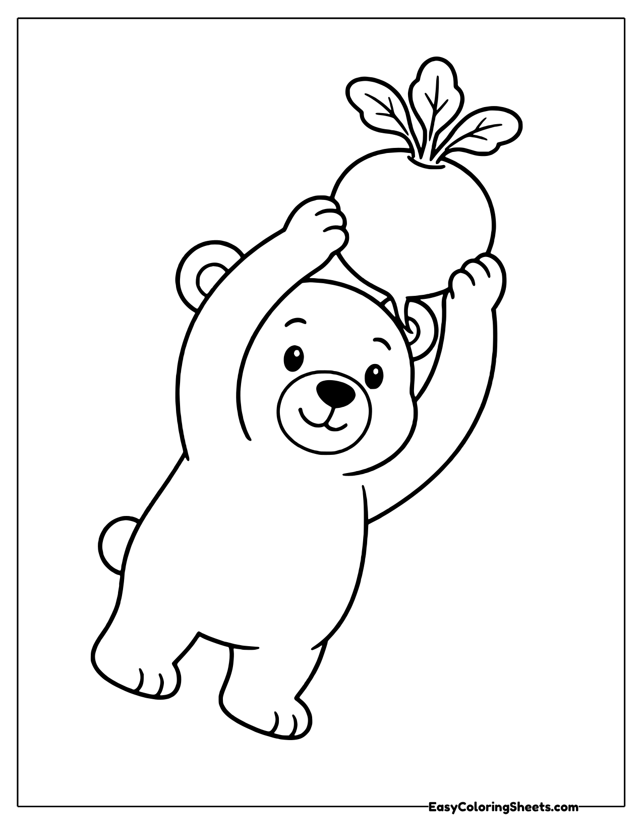 Playful bear cub lifting a big round radish above its head