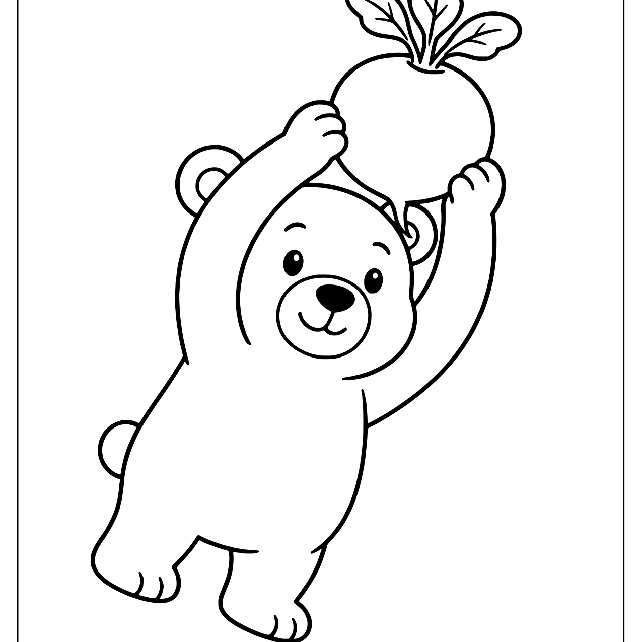 Playful bear cub lifting a big round radish above its head