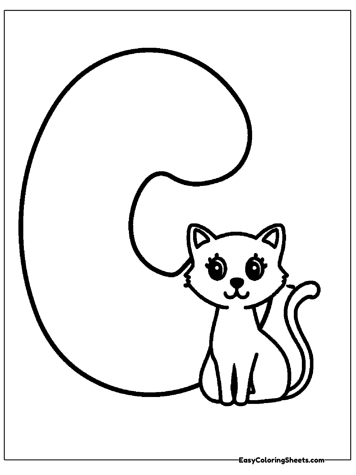 A big letter C curves around a cat sitting inside its opening.