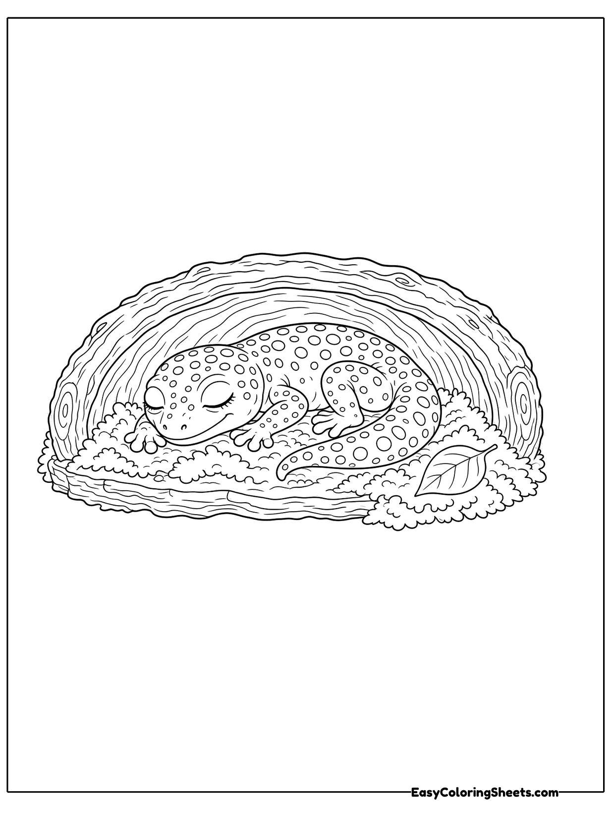 A gecko naps curled up inside a rounded rock hollow, its eyes closed and tail wrapped close.