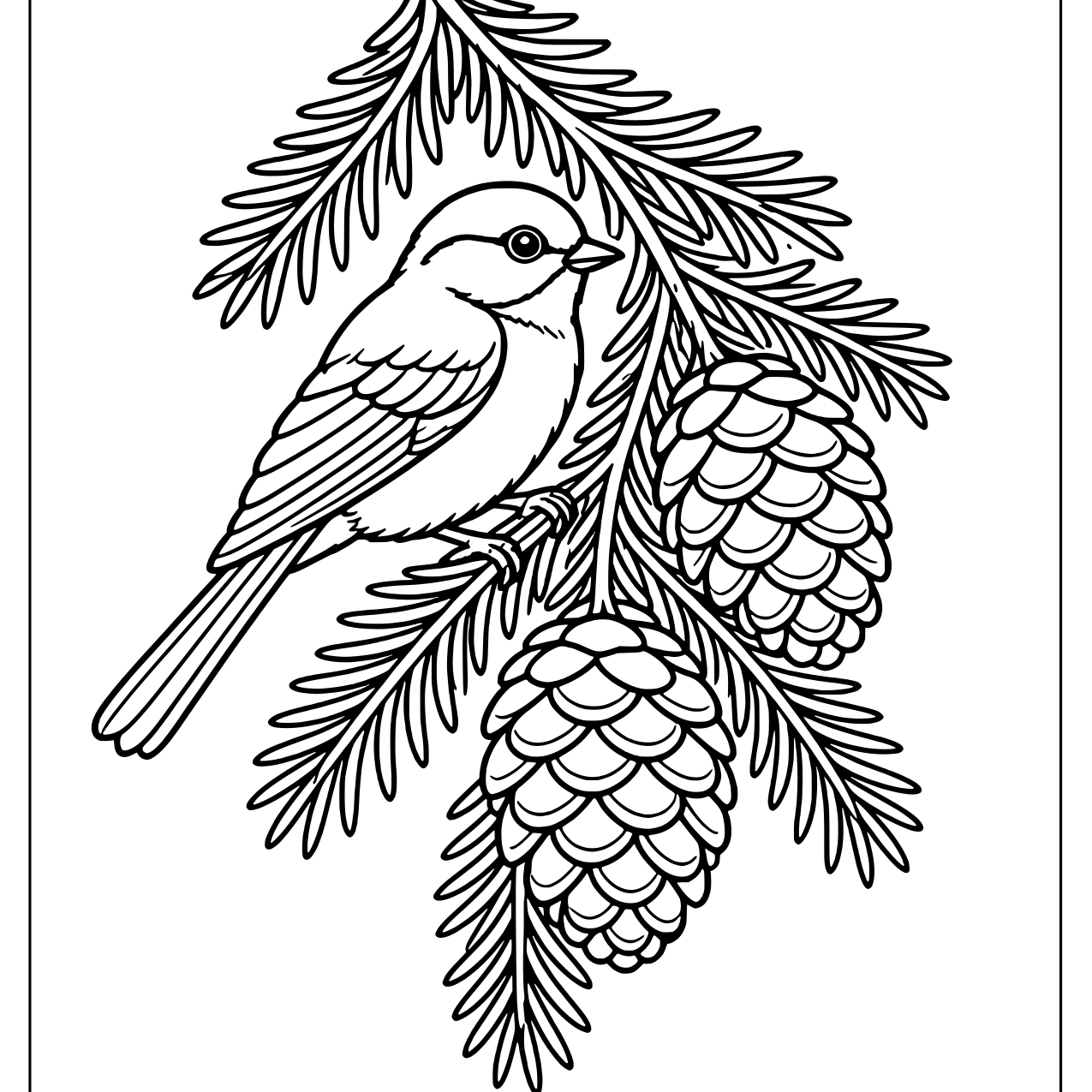 Chickadee perched on a fir branch hanging with pine cones