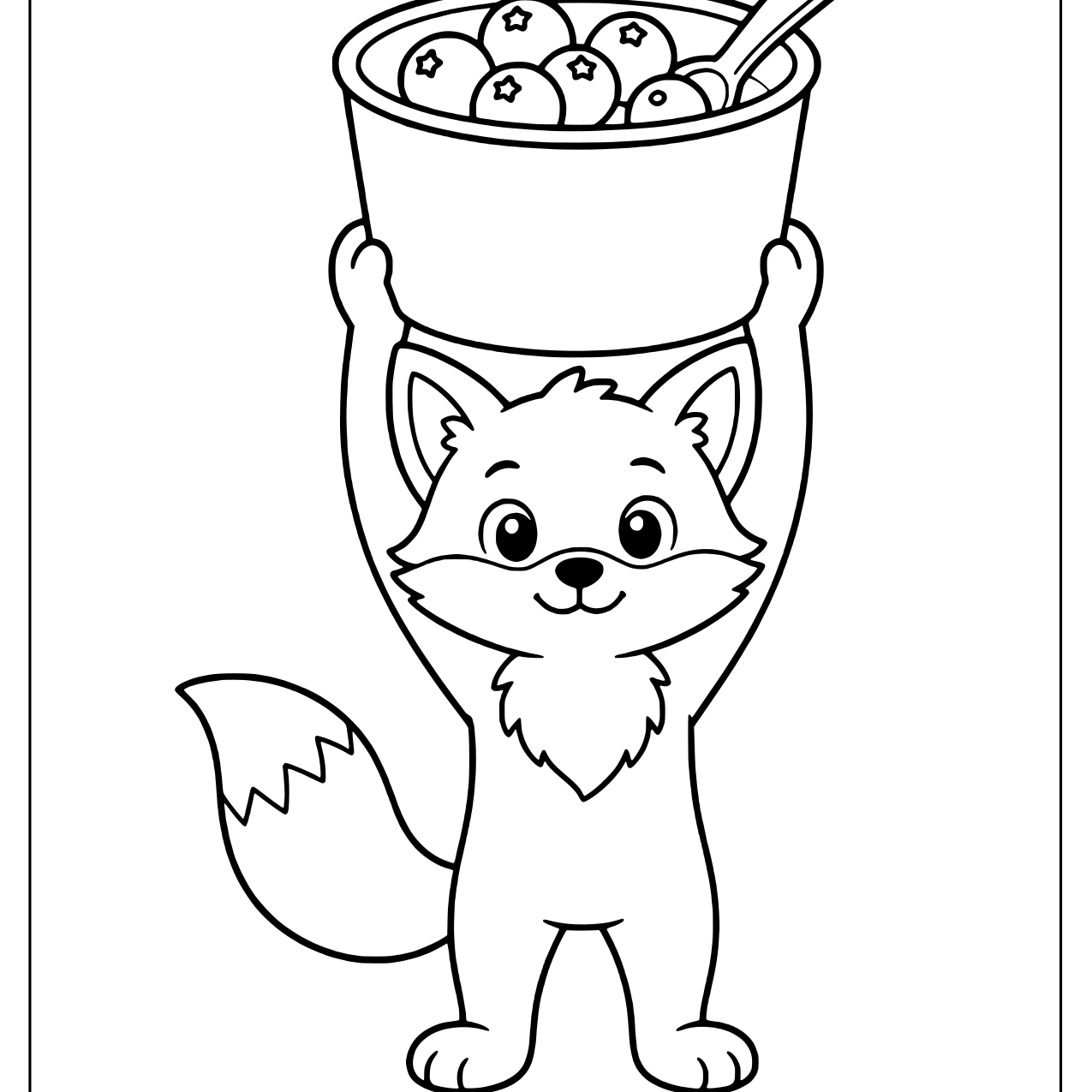 Cheerful fox lifting a cup of yogurt topped with blueberries