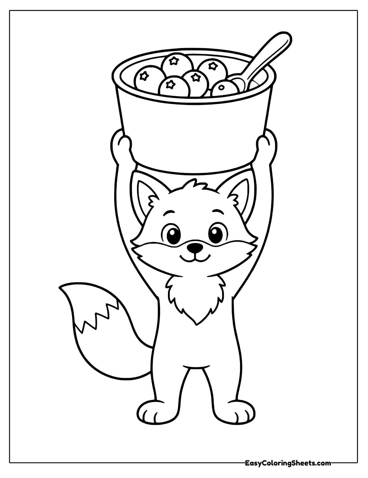 Cheerful fox lifting a cup of yogurt topped with blueberries