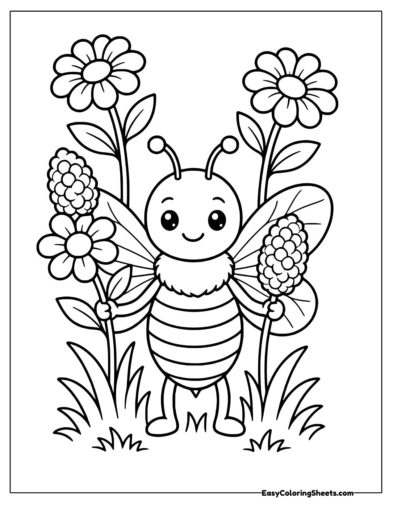 Worker bee carrying pollen among flowers