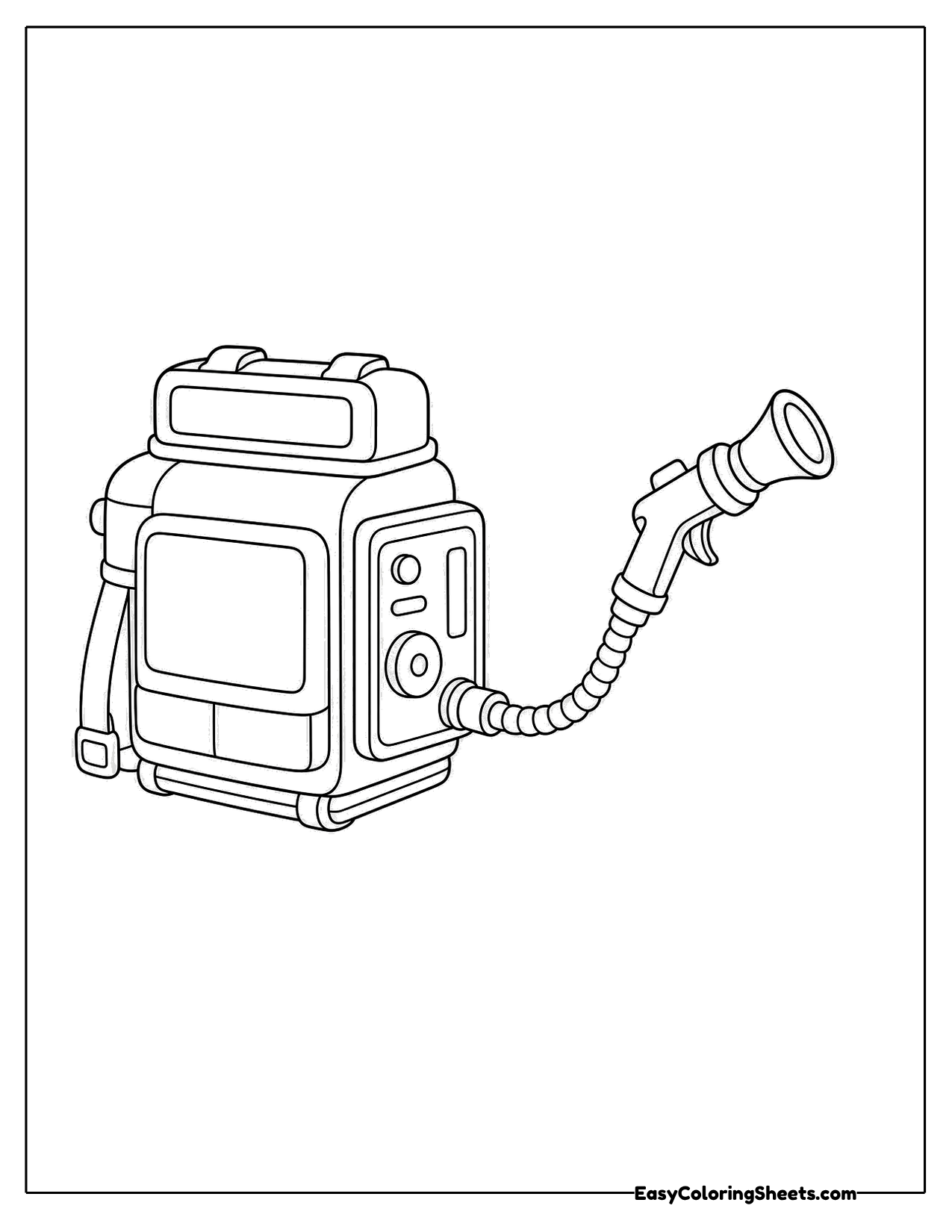 Boxy gear backpack with a hose and nozzle wand
