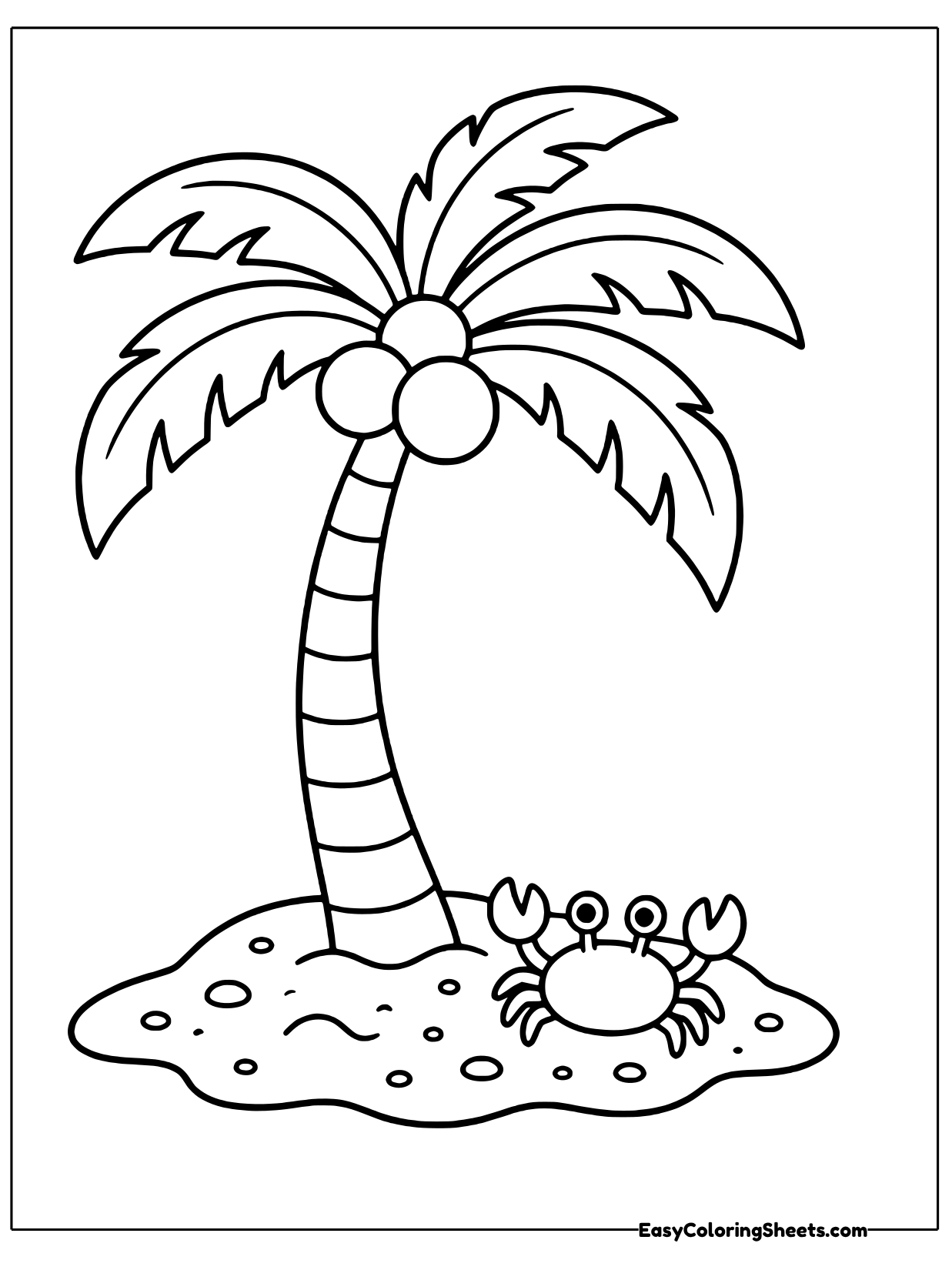 A coconut palm leans over a small sandy island with coconuts hanging under its fronds and a little crab scuttling at its.
