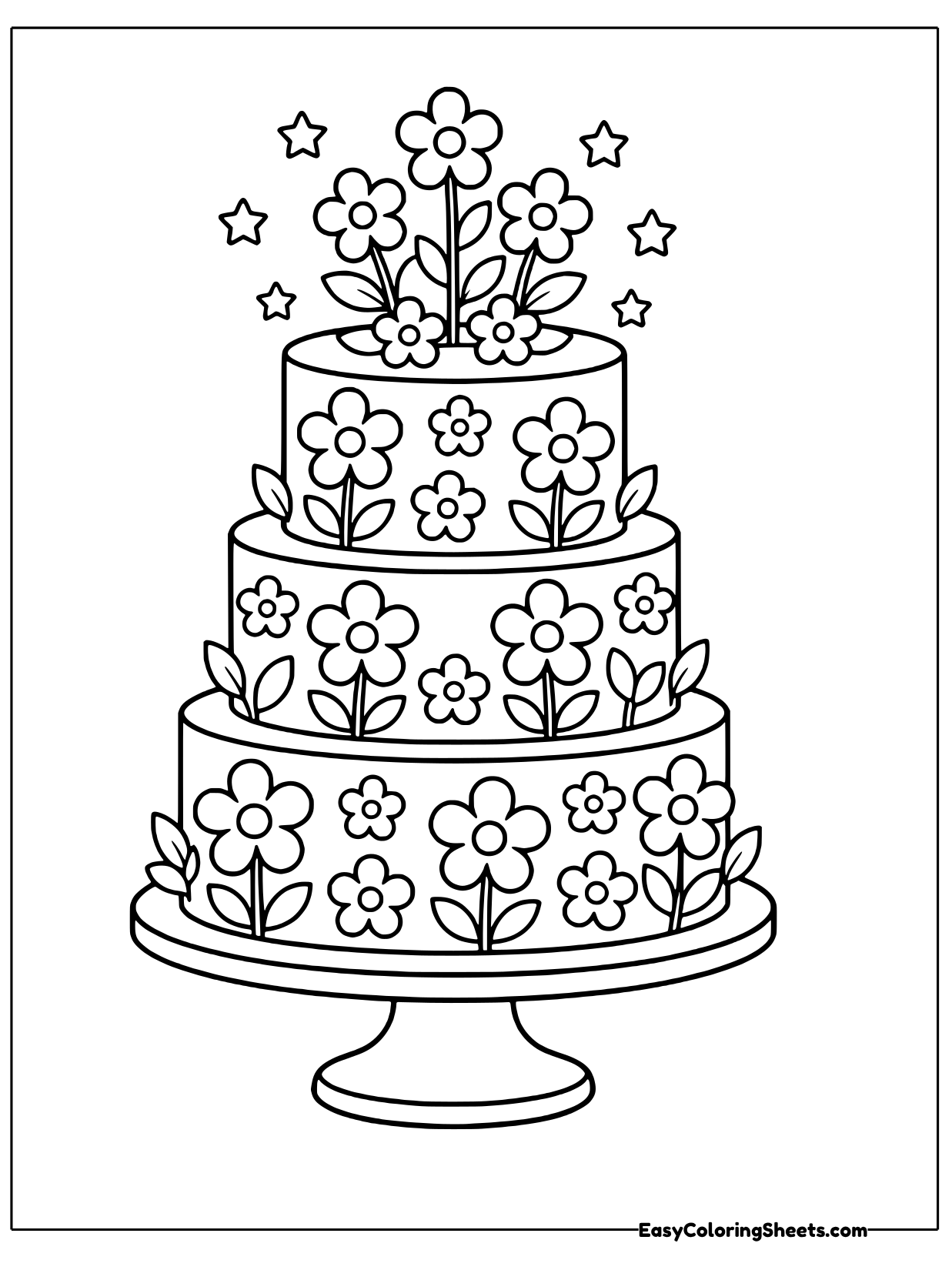 A tall tiered cake on a stand is covered in little frosting flowers on every layer, with a bouquet of blooms on top.