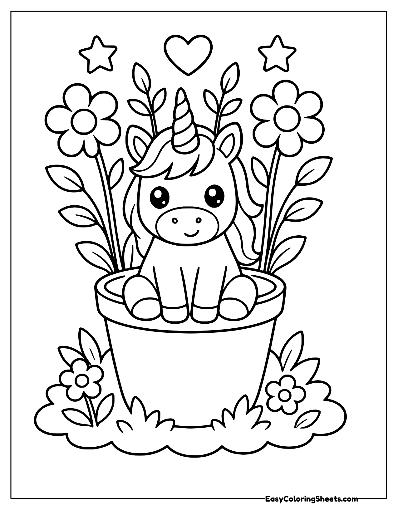 Unicorn sitting in a flower pot surrounded by blooms