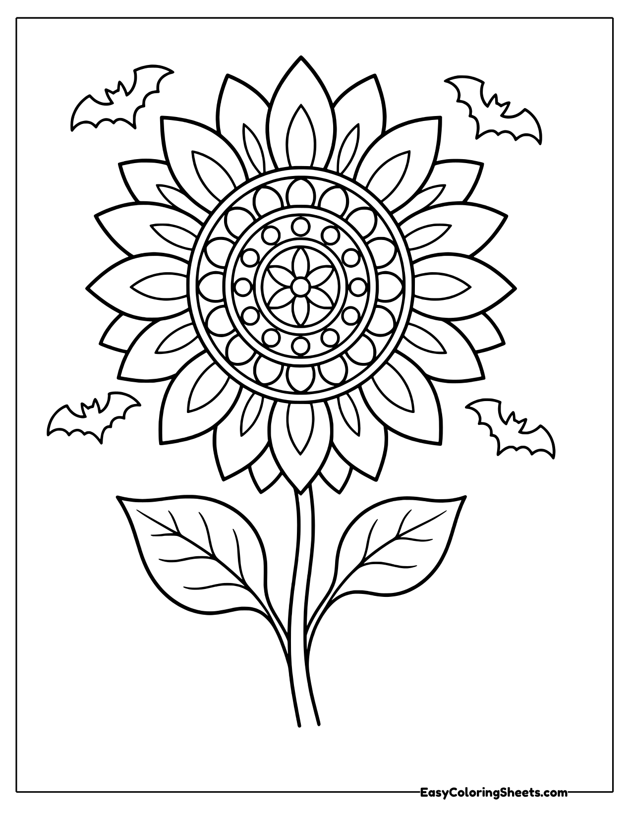 Sunflower mandala on a stem with leaves, a patterned center and flying bats