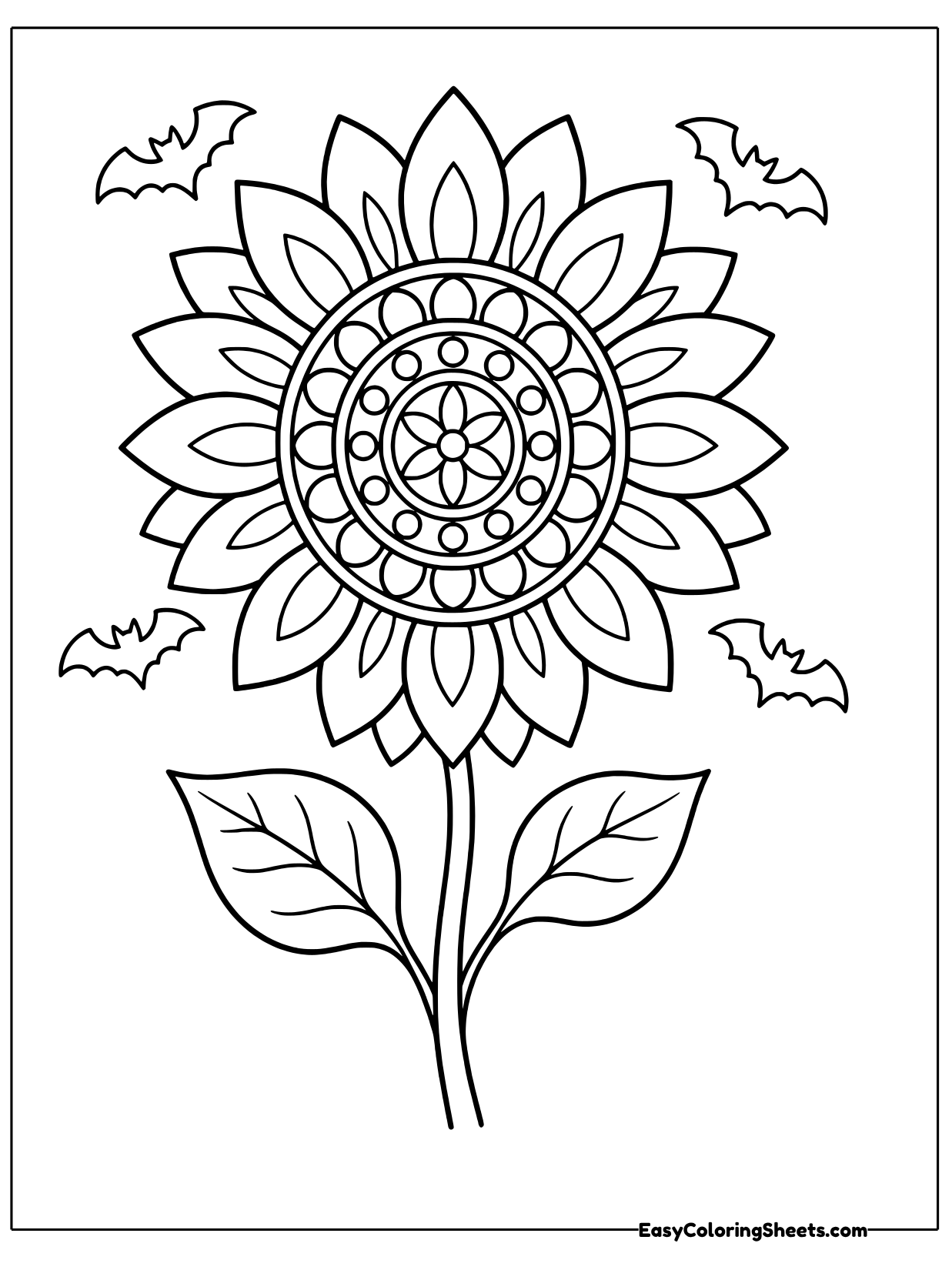 A tall sunflower blooms on a sturdy stem with two broad leaves, its center packed with a detailed round mandala of rings and.