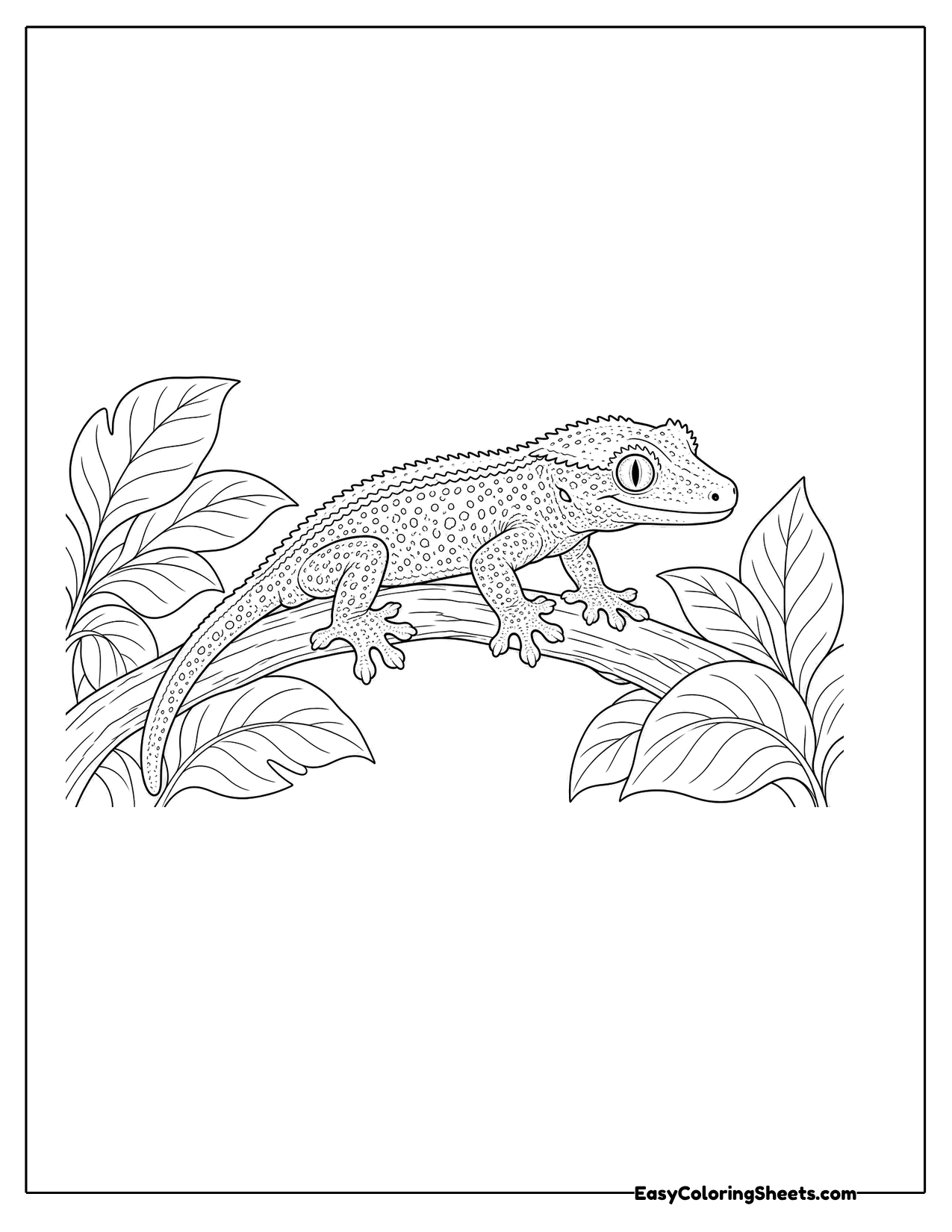 Crested gecko resting on a leafy branch