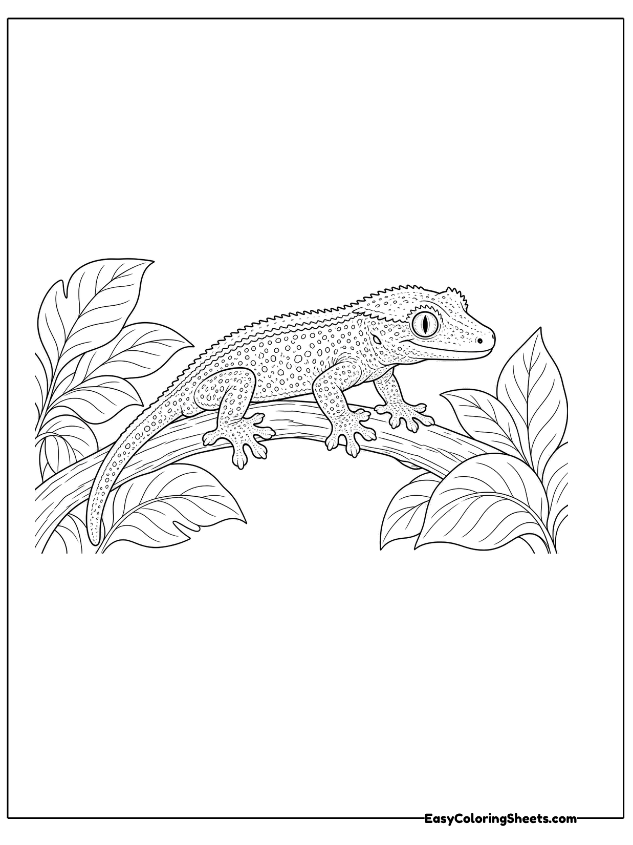 A crested gecko with a row of soft spikes over its eyes stretches along a branch surrounded by leaves.