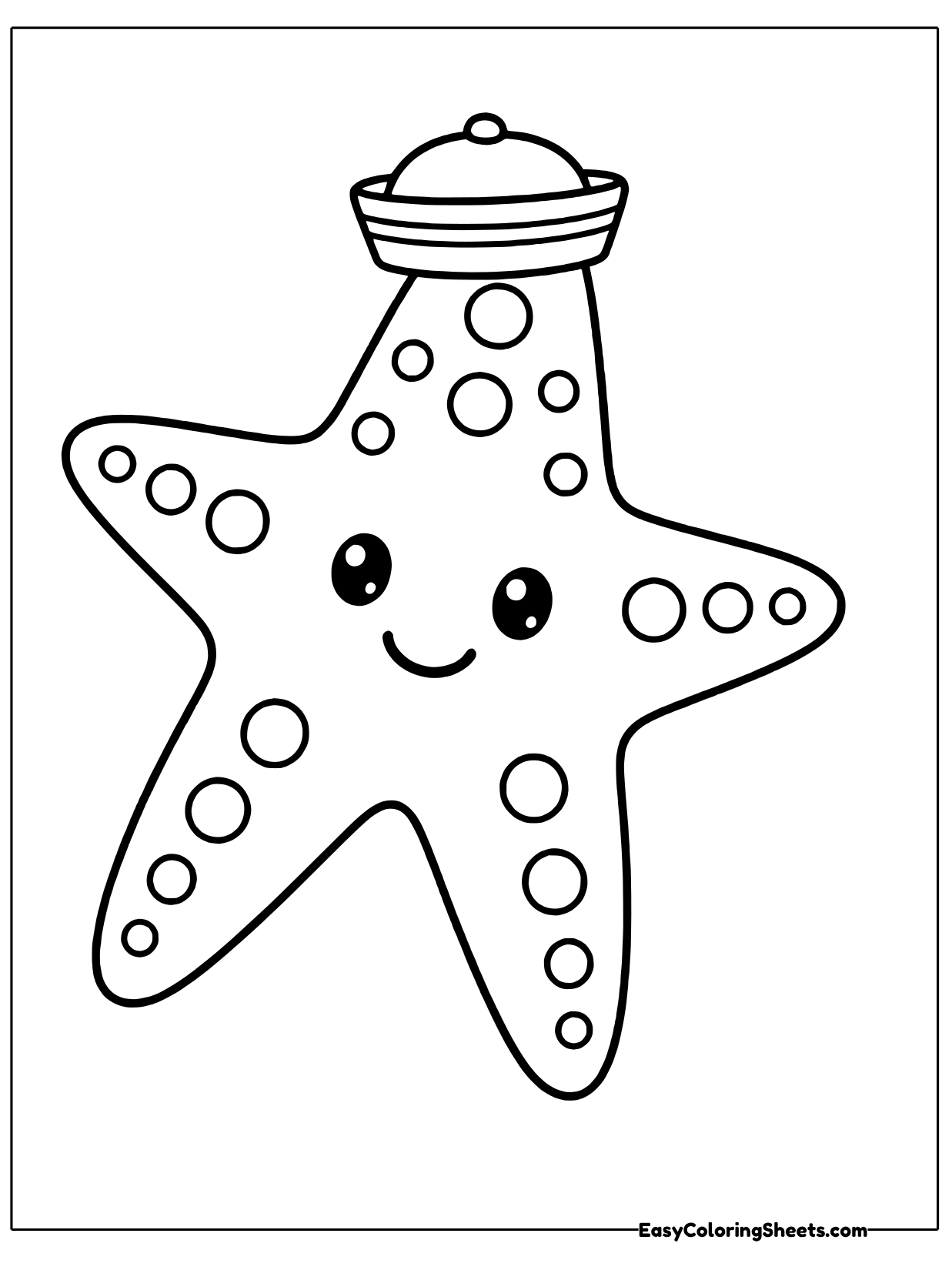 A cheerful starfish wears a little striped sailor hat on its top arm and stands tall on two long legs.