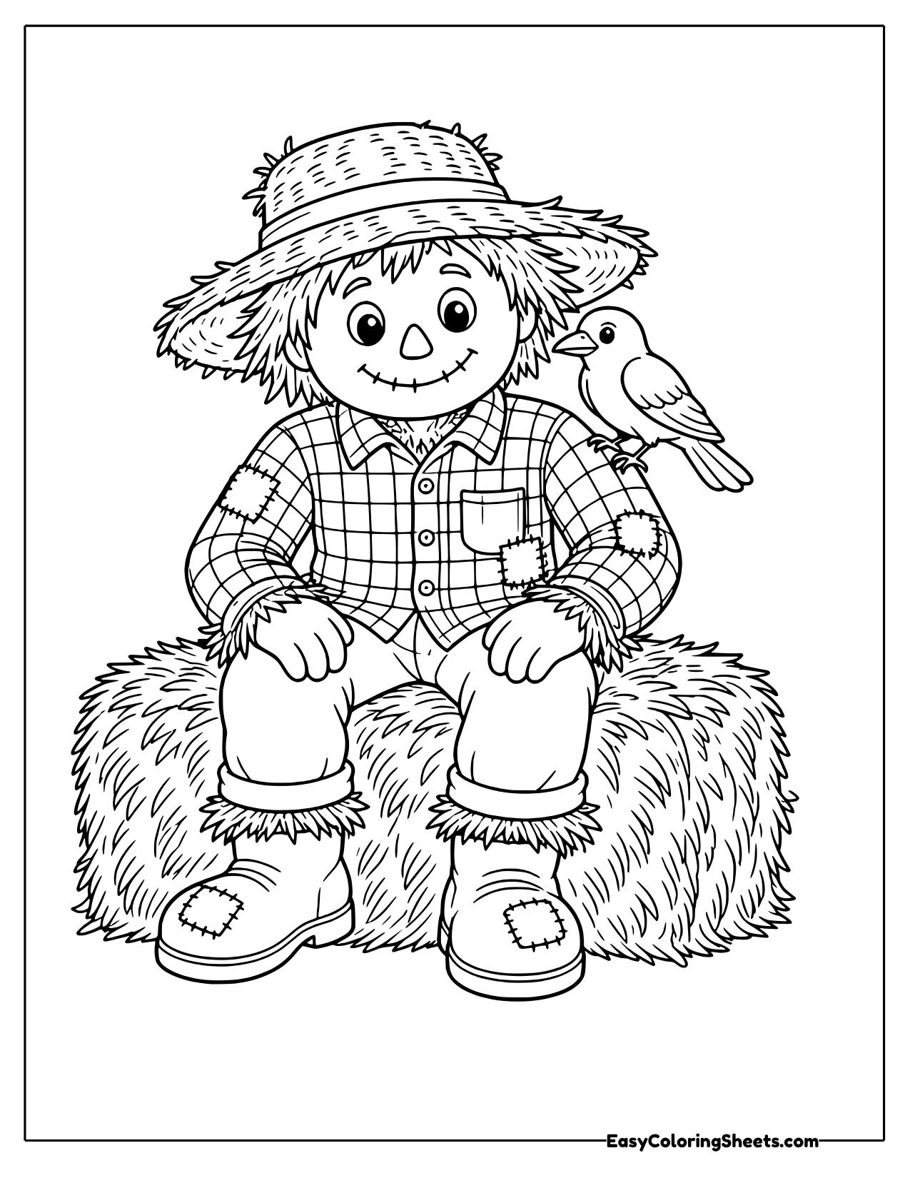 Scarecrow sitting on a hay bale with a crow nearby