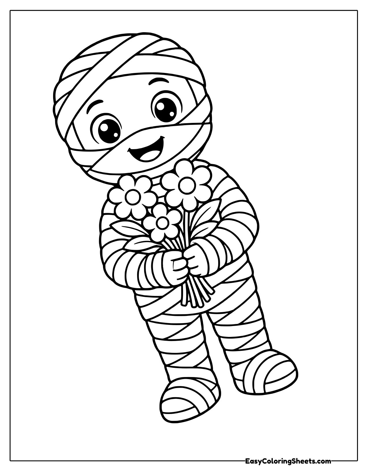 Mummy holding a bouquet of flowers